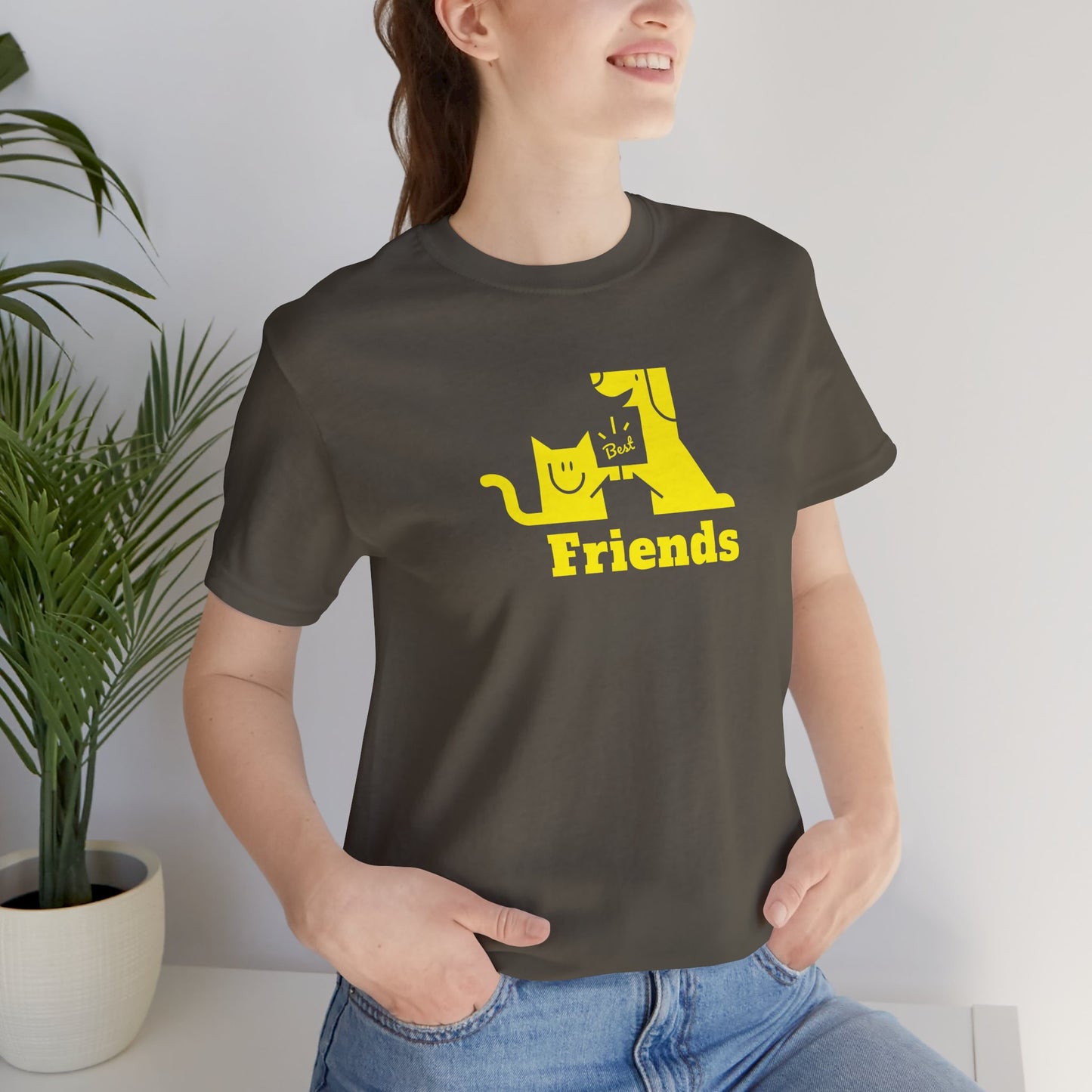 Cat & Dog Hi-5 Each Other Best Friends Yellow Print Unisex Jersey Short Sleeve Tee