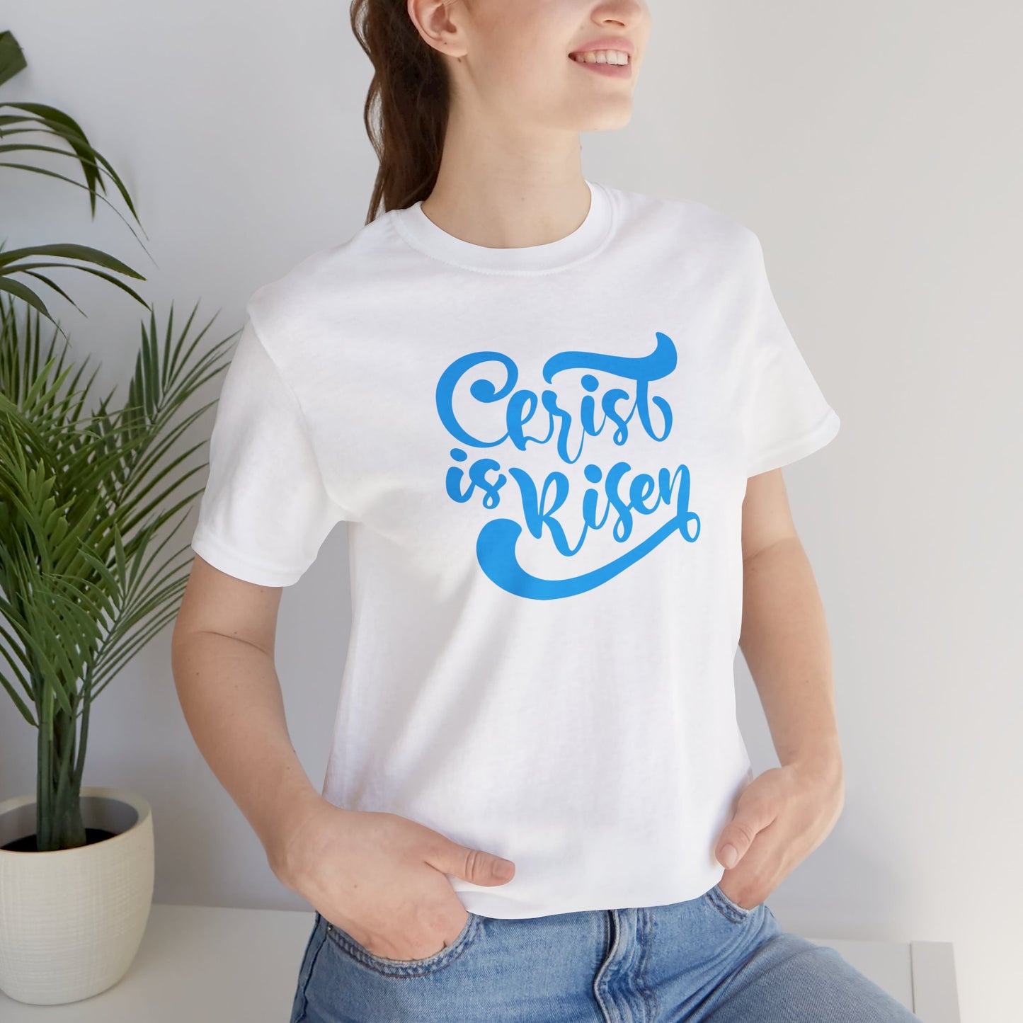 Christ is Risen Blue Print Unisex Jersey Short Sleeve Tee