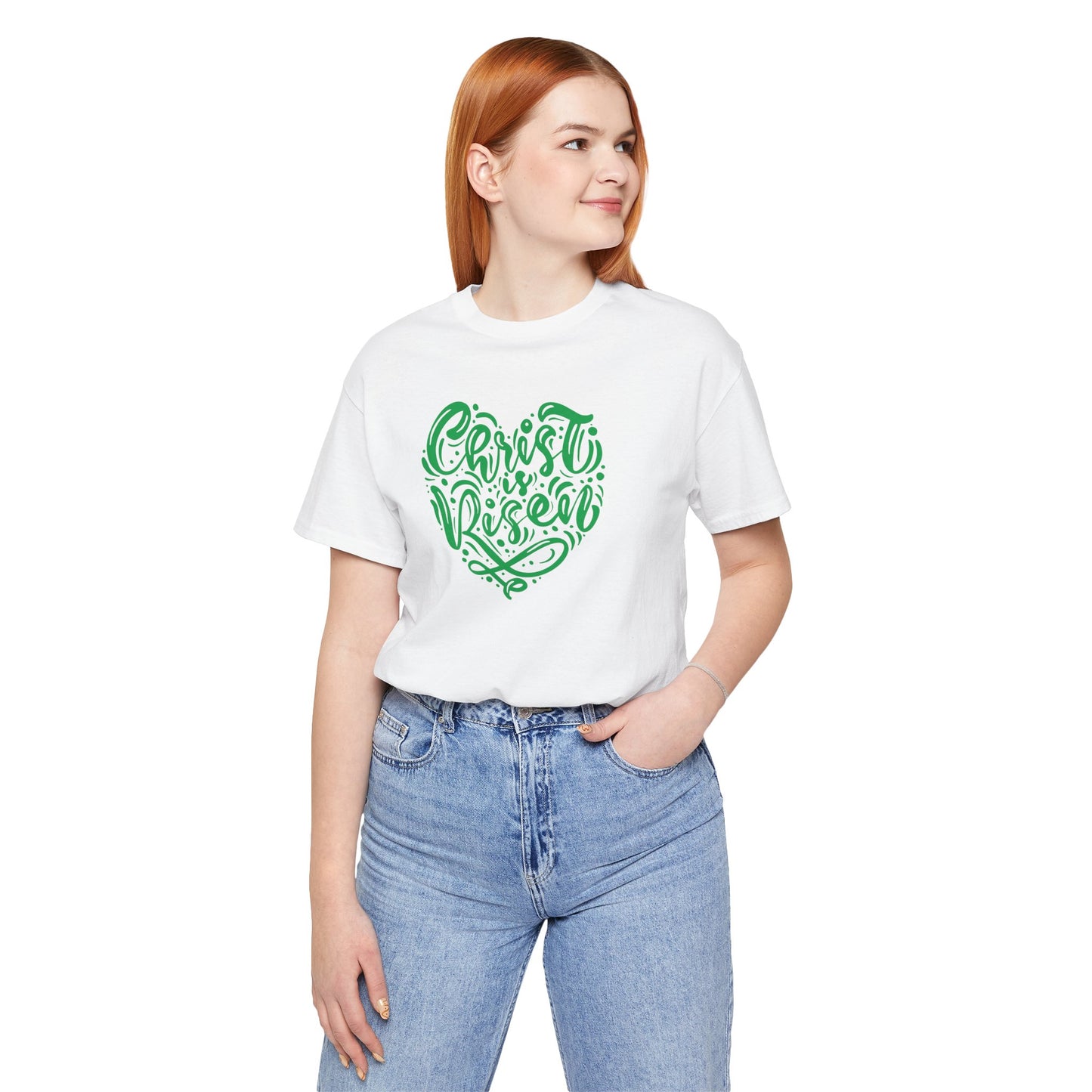 Christ is Risen Heart Shaped Green Print Unisex Jersey Short Sleeve Tee
