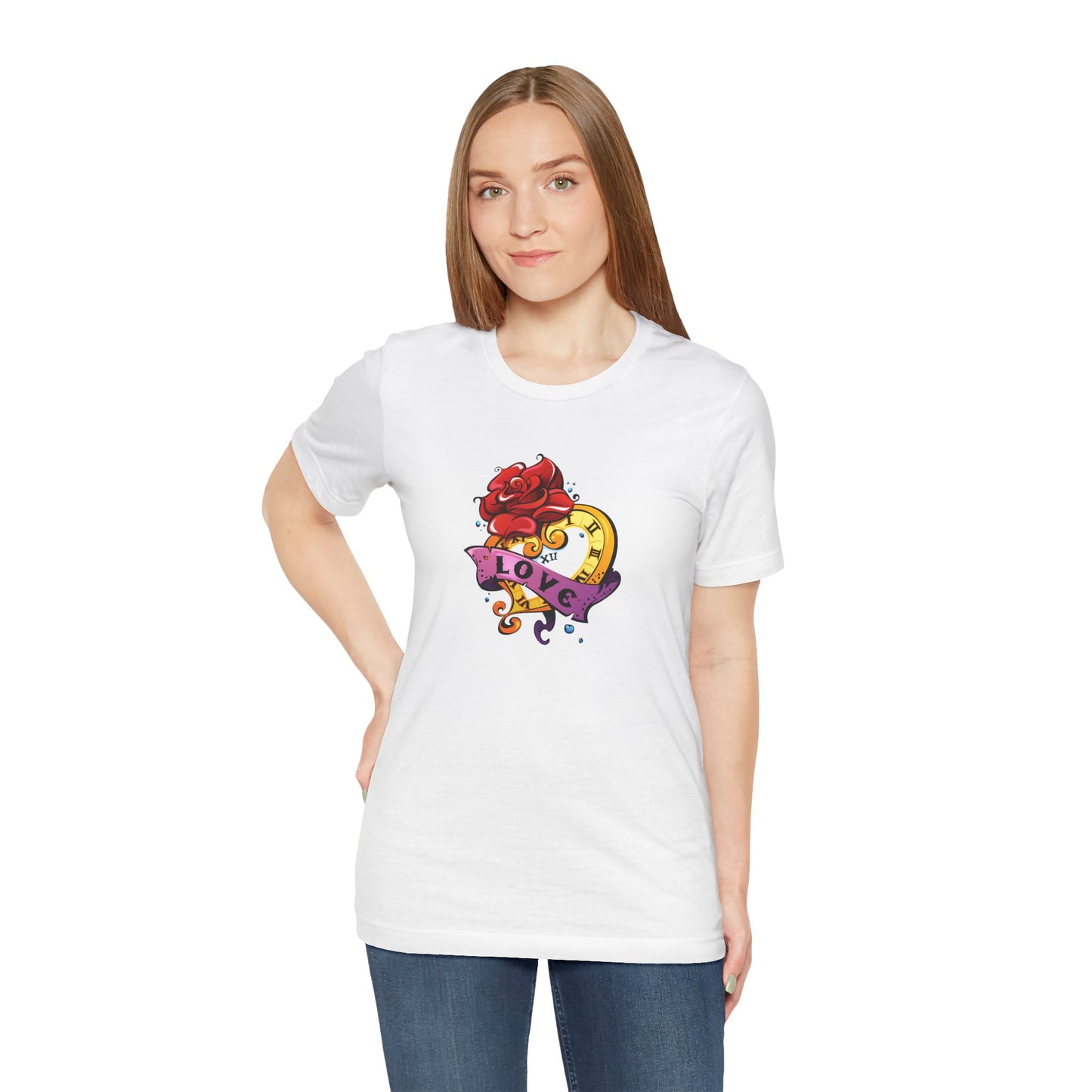 Timeless Love Heart-Shaped Clock with Love Scroll & Rose Unisex Jersey Short Sleeve Tee