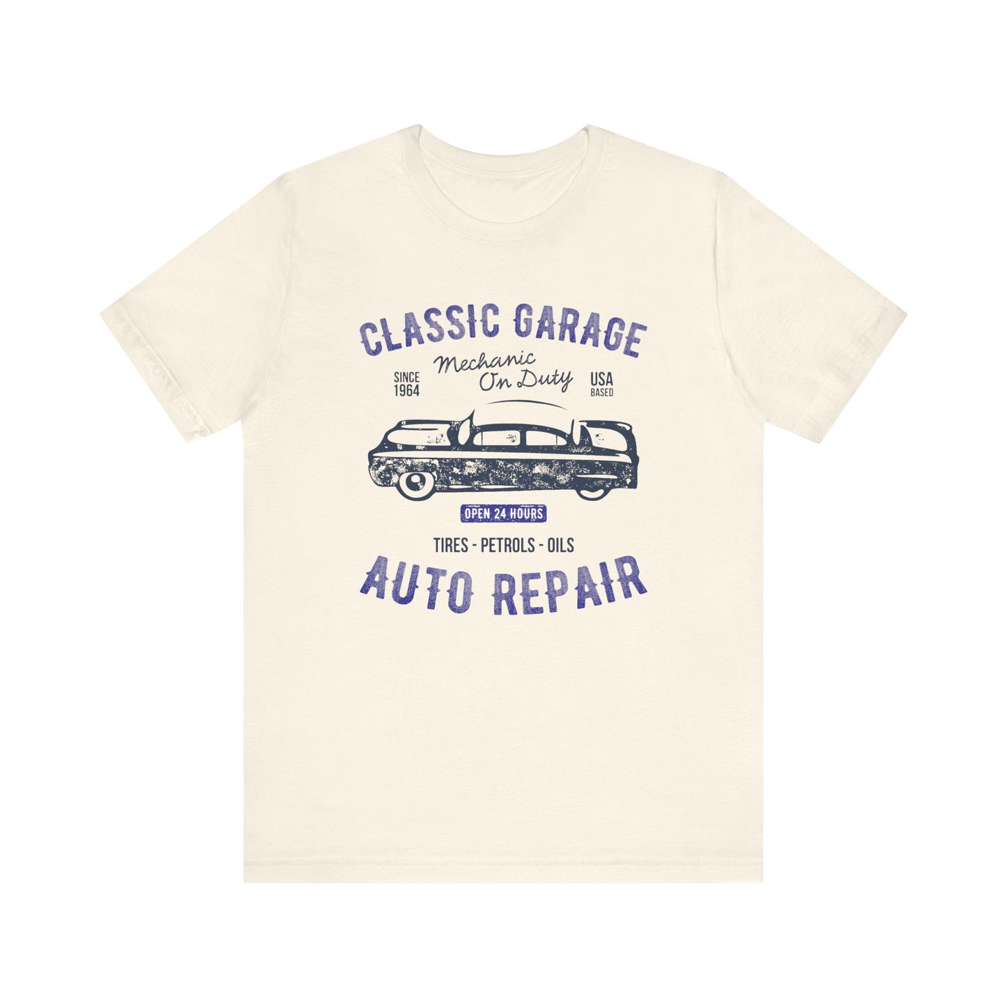 Unisex Jersey Short Sleeve Tee Classic Garage Auto Repair Navy Print