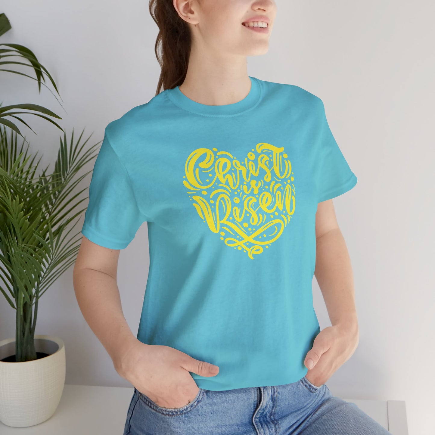 Christ is Risen Heart Shaped Yellow Print Unisex Jersey Short Sleeve Tee