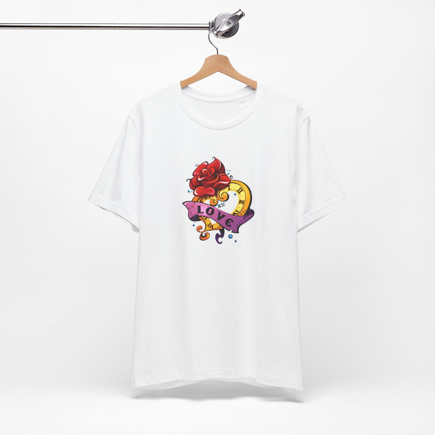 Timeless Love Heart-Shaped Clock with Love Scroll & Rose Unisex Jersey Short Sleeve Tee