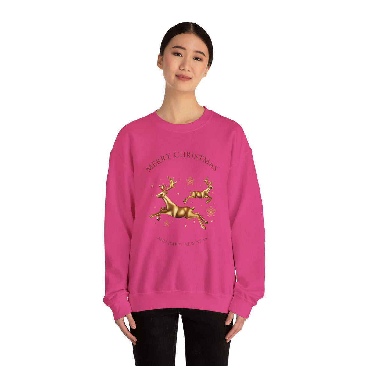 Unisex Heavy Blend Crewneck Sweatshirt Leaping Gold Reindeer πβ¨ Merry Christmas & Happy New Year