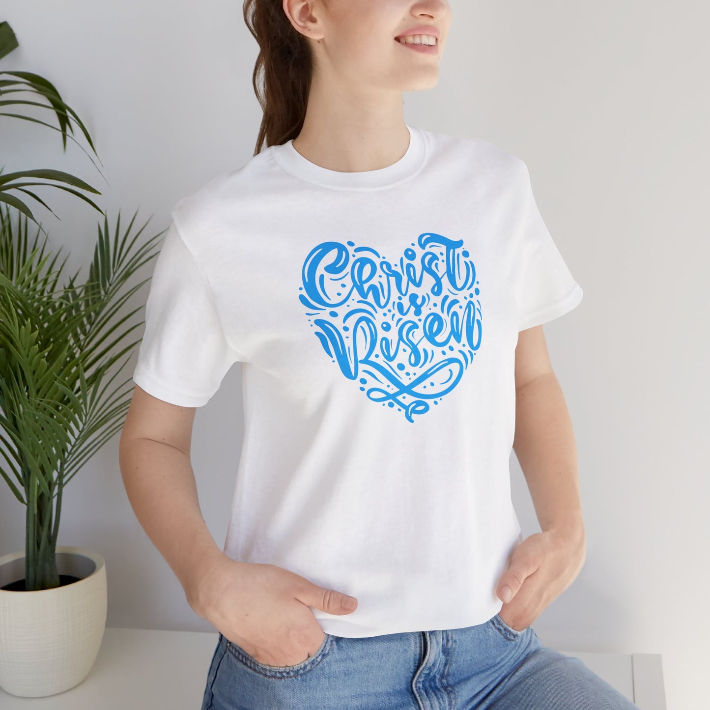 Christ is Risen Heart Shaped Blue Print Unisex Jersey Short Sleeve Tee