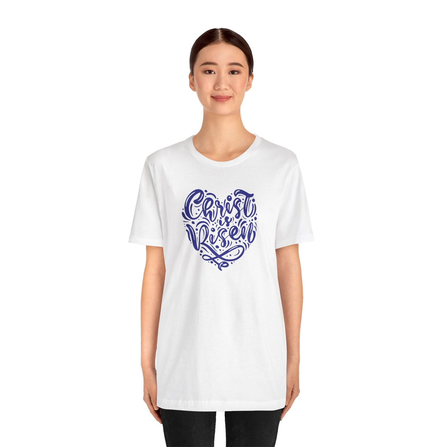Christ is Risen Heart Shaped Navy Print Unisex Jersey Short Sleeve Tee