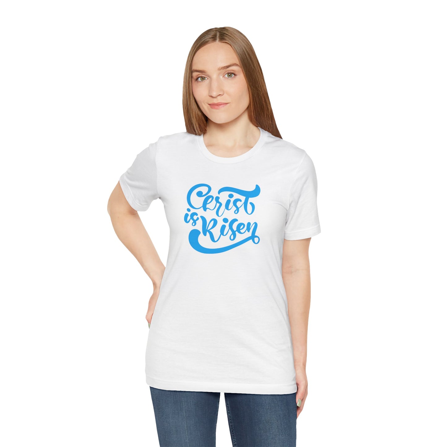 Christ is Risen Blue Print Unisex Jersey Short Sleeve Tee