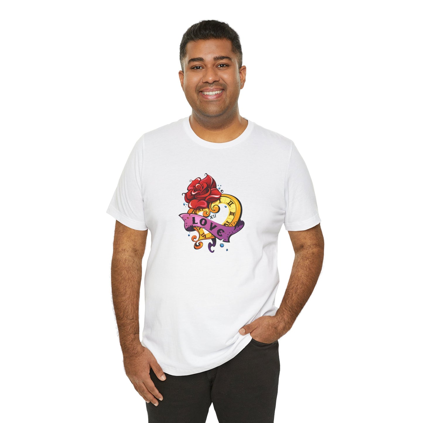 Timeless Love Heart-Shaped Clock with Love Scroll & Rose Unisex Jersey Short Sleeve Tee