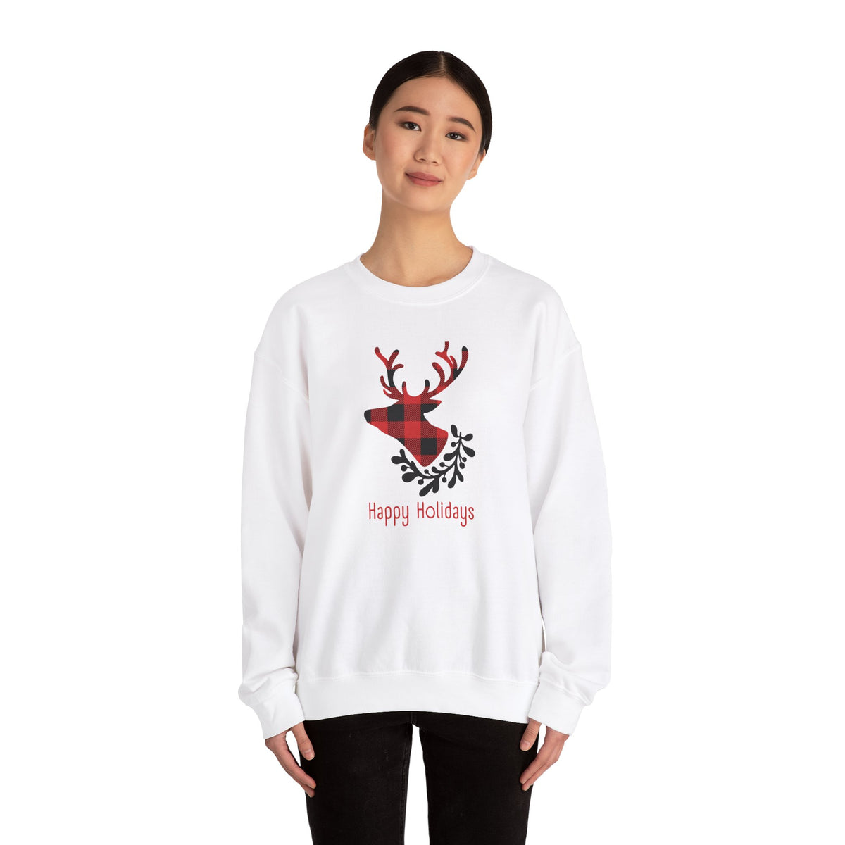Unisex Heavy Blend Crewneck Sweatshirt Happy Holidays with Tartan Reindeer ππ¦β¨