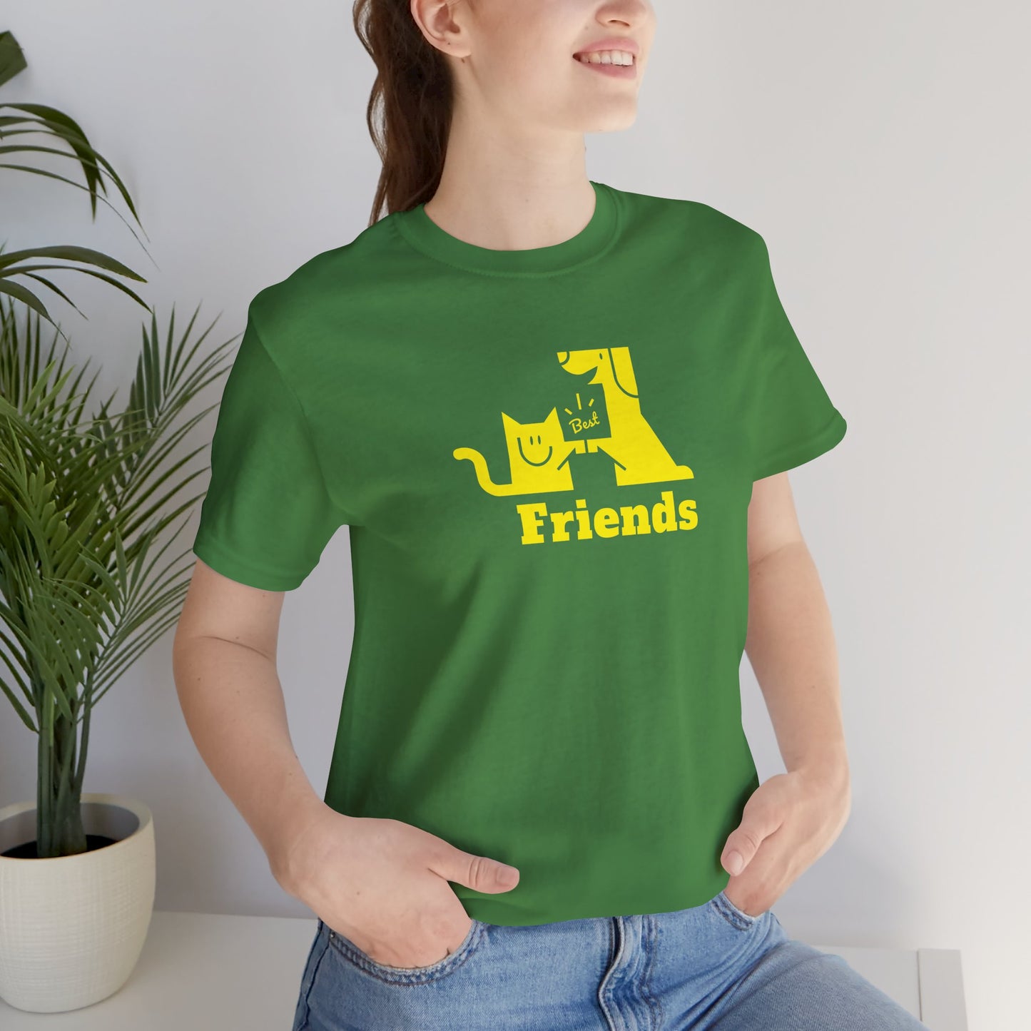 Cat & Dog Hi-5 Each Other Best Friends Yellow Print Unisex Jersey Short Sleeve Tee