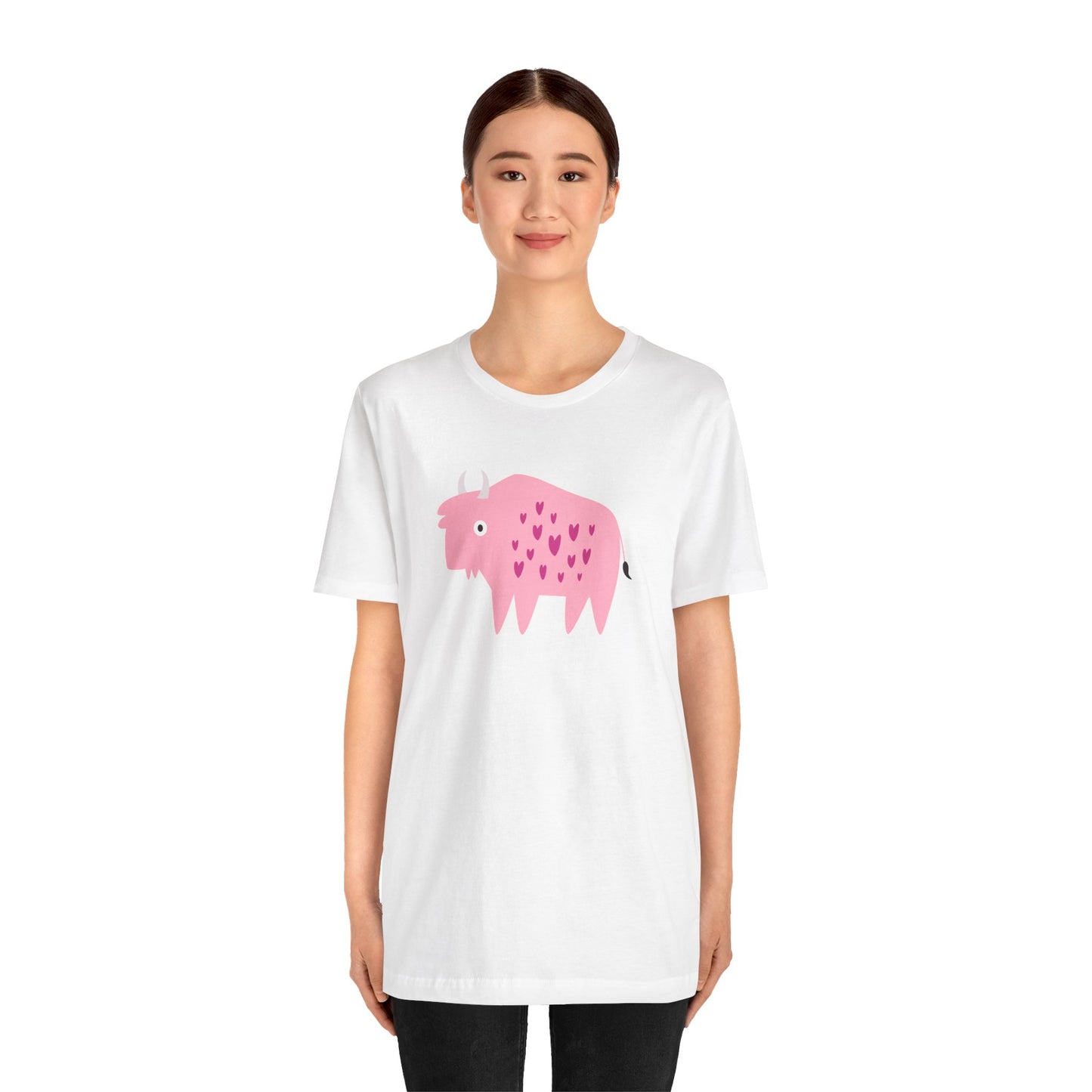 Adorably Quirky Pink Bison With Hearts Unisex Jersey Short Sleeve Tee