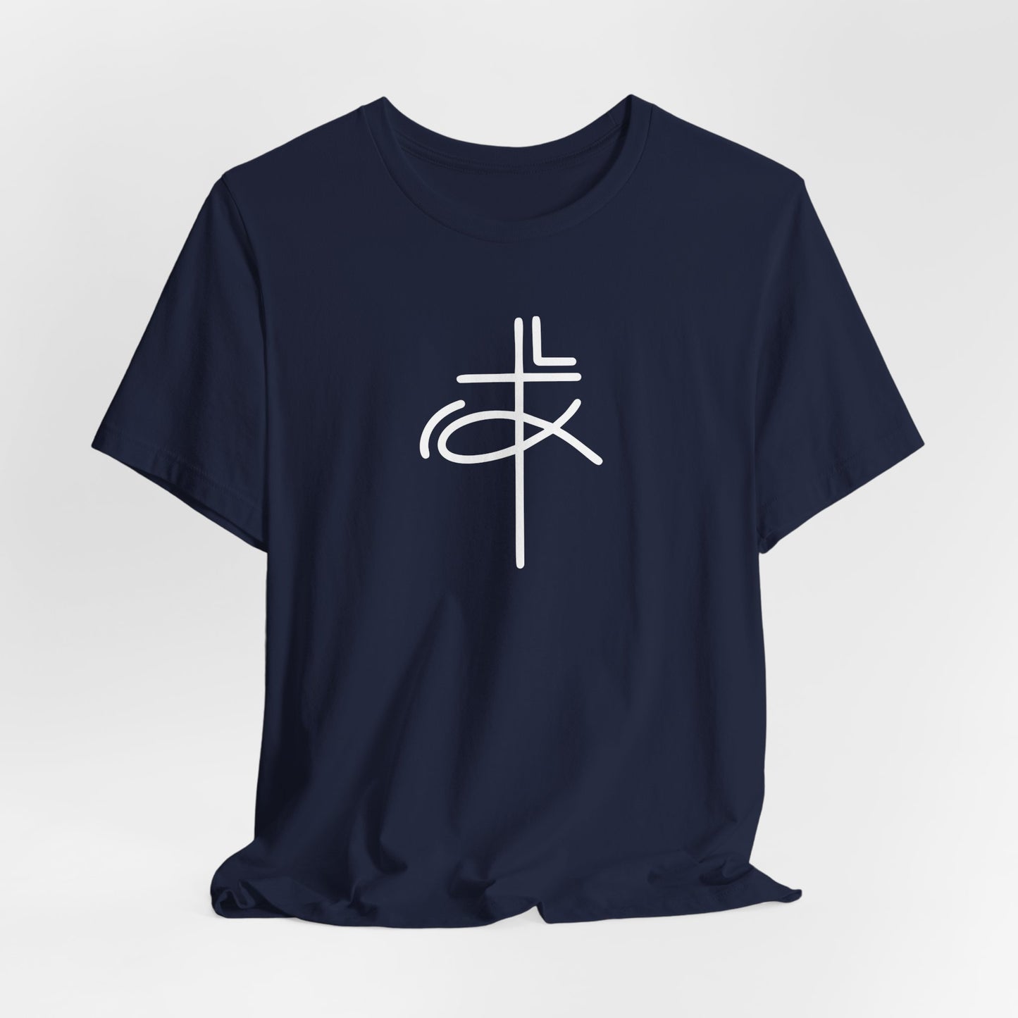 Crucifix Ichthys Jesus Fish White Print Unisex Jersey Short Sleeve Tee