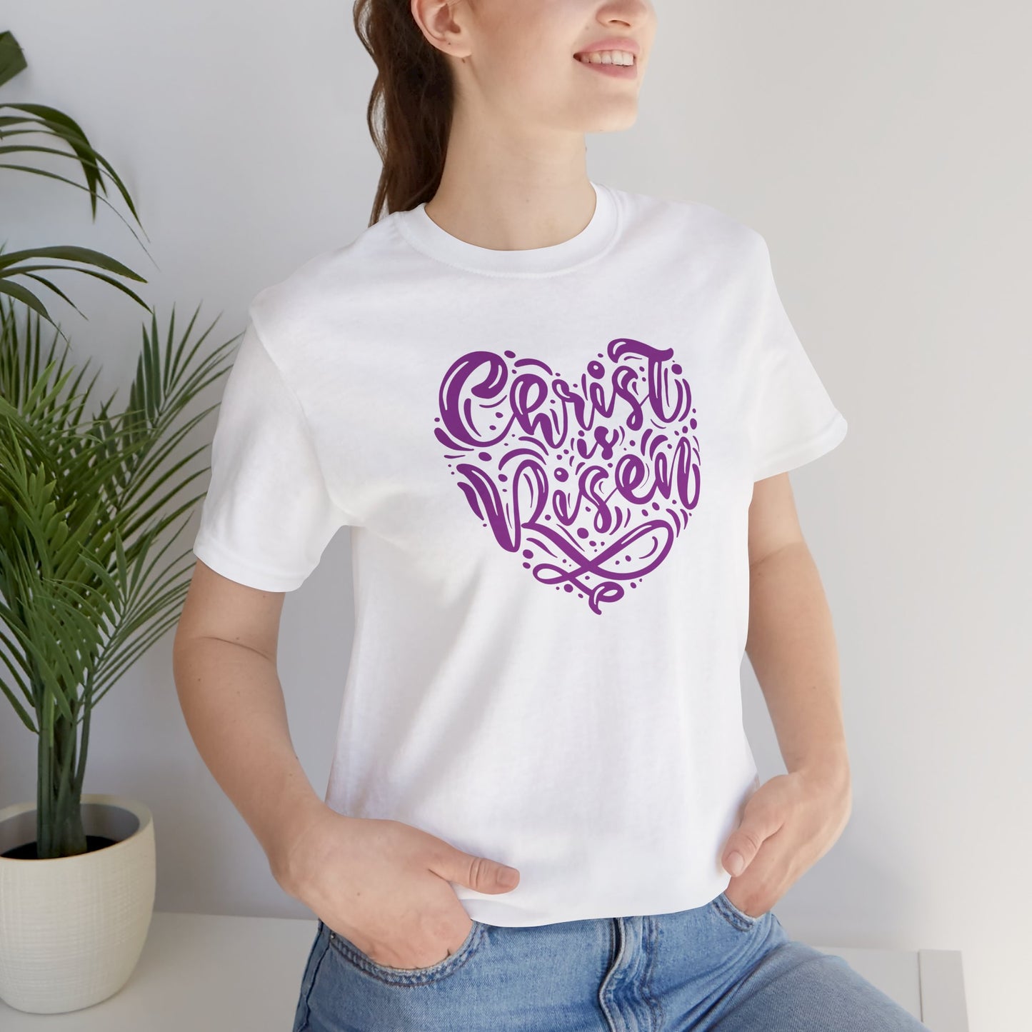 Christ is Risen Heart Shaped Purple Print Unisex Jersey Short Sleeve Tee