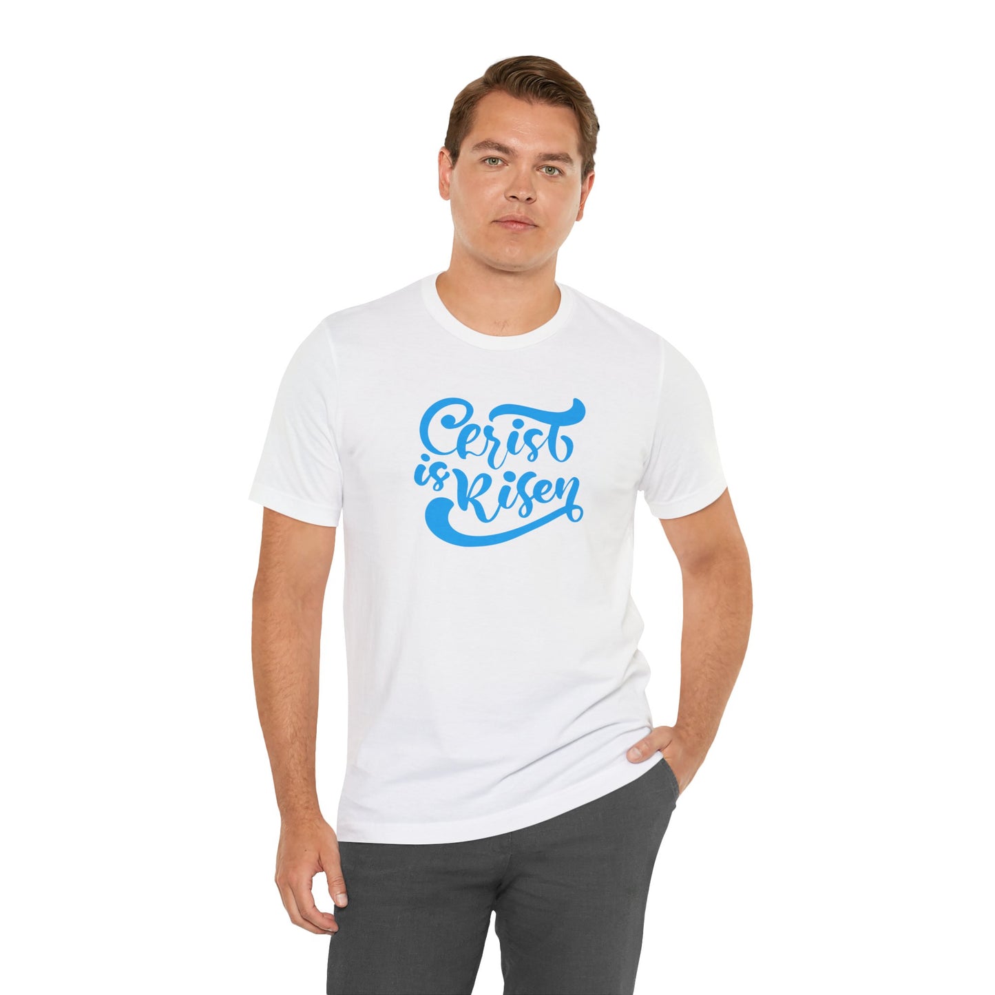 Christ is Risen Blue Print Unisex Jersey Short Sleeve Tee
