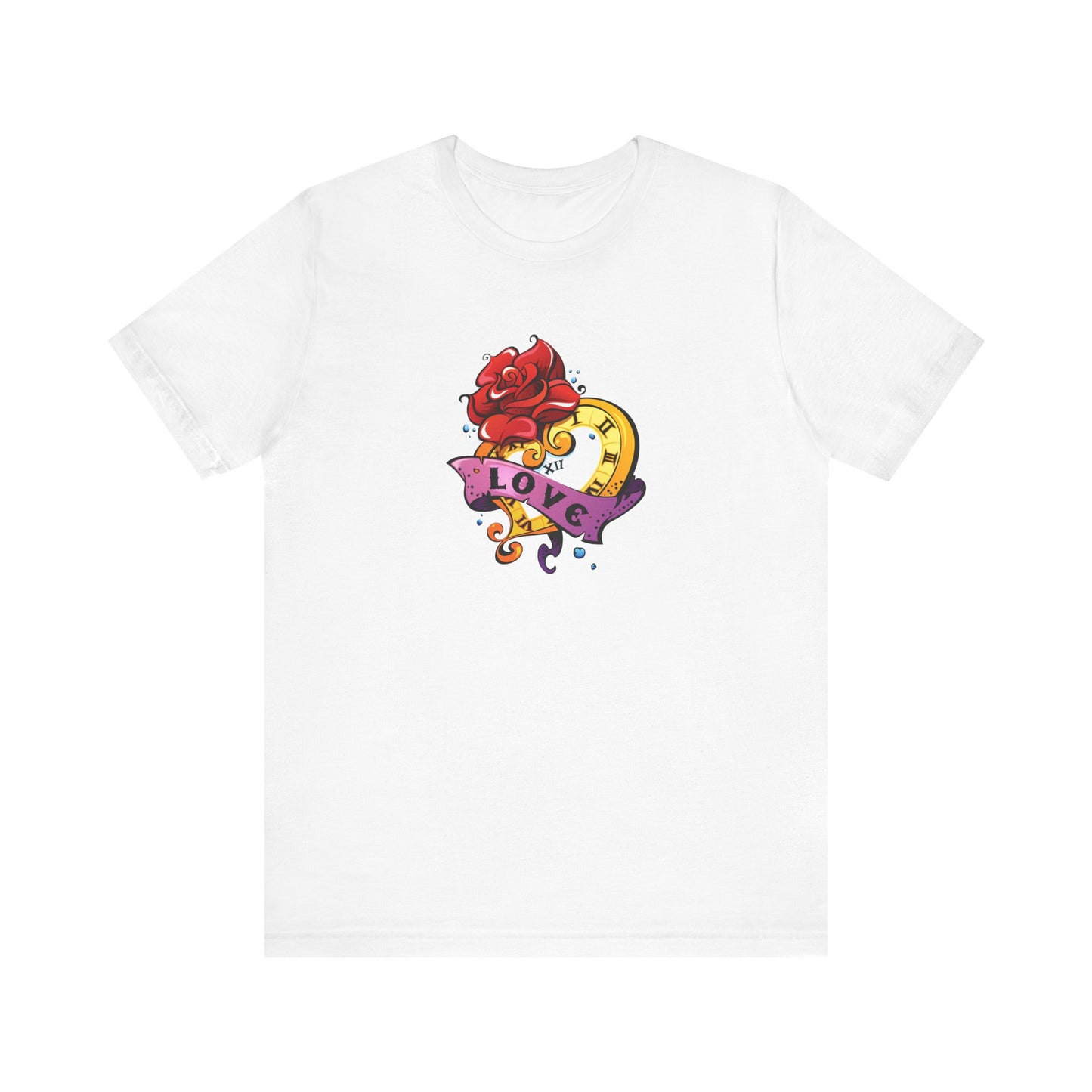 Timeless Love Heart-Shaped Clock with Love Scroll & Rose Unisex Jersey Short Sleeve Tee