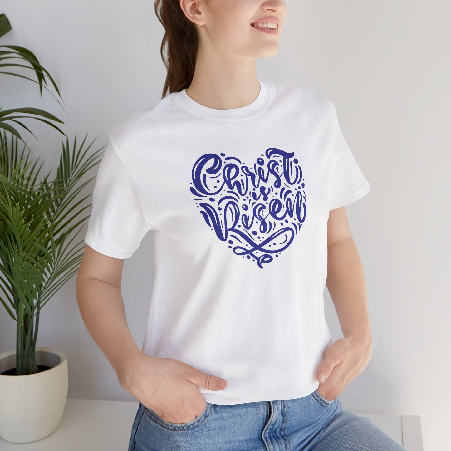 Christ is Risen Heart Shaped Navy Print Unisex Jersey Short Sleeve Tee