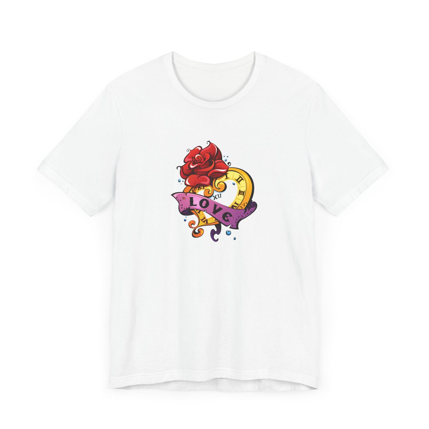 Timeless Love Heart-Shaped Clock with Love Scroll & Rose Unisex Jersey Short Sleeve Tee