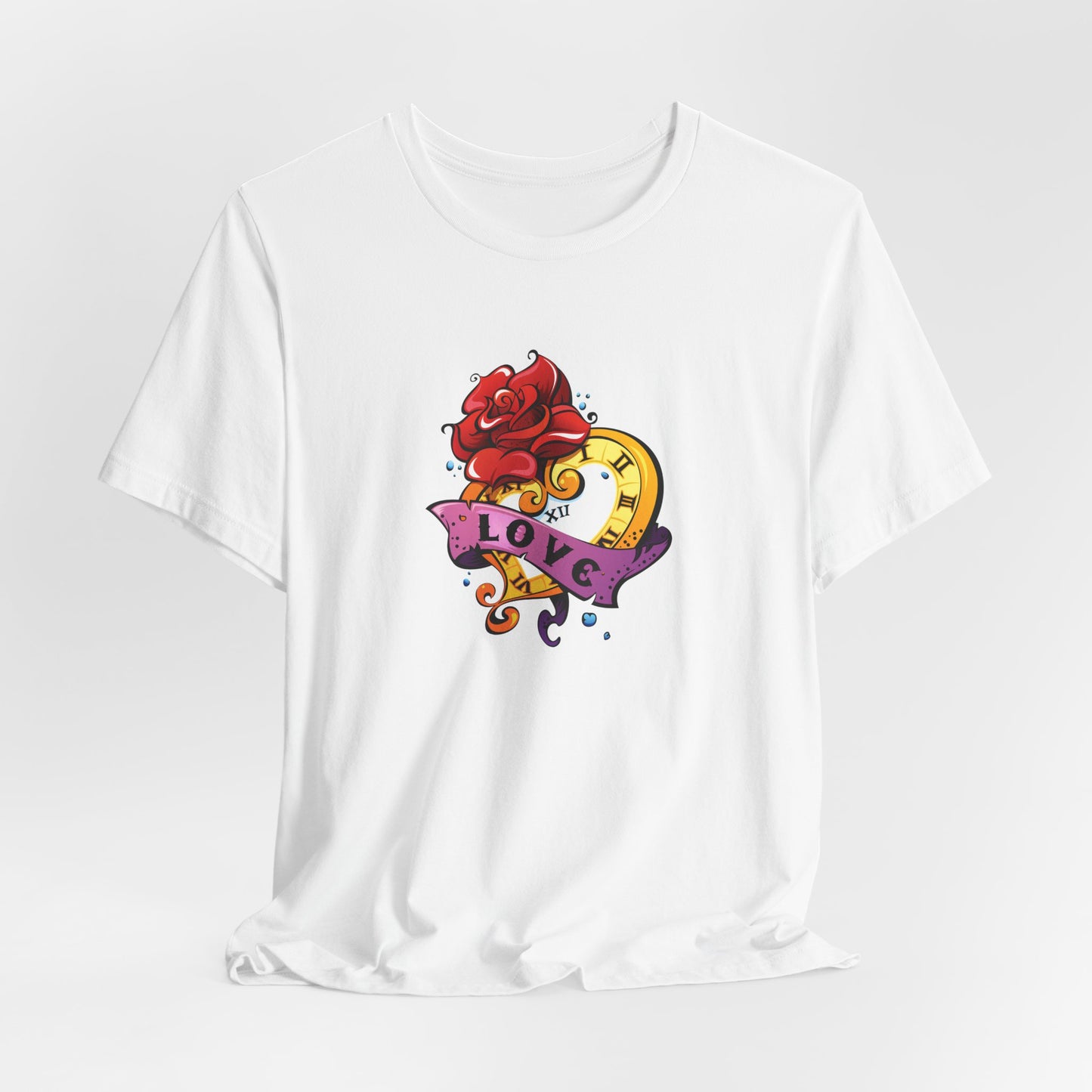 Timeless Love Heart-Shaped Clock with Love Scroll & Rose Unisex Jersey Short Sleeve Tee