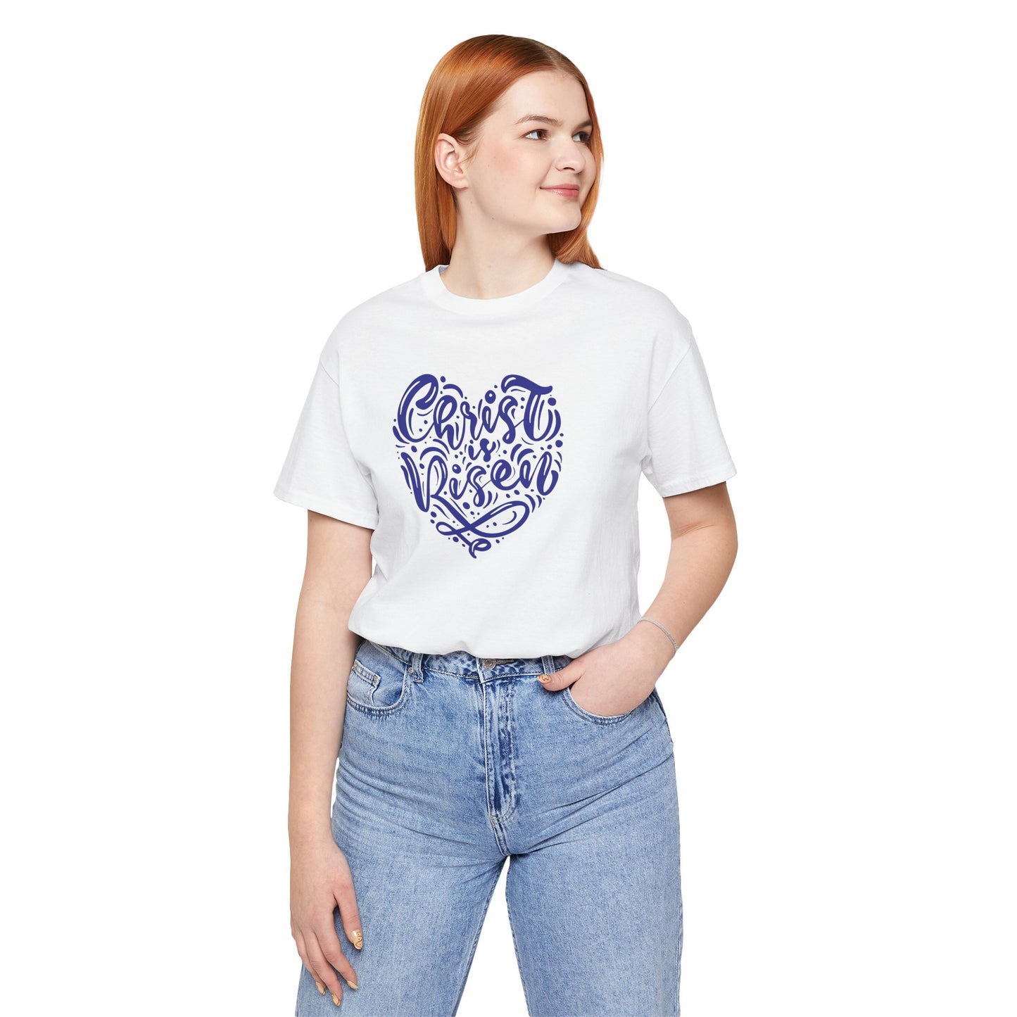 Christ is Risen Heart Shaped Navy Print Unisex Jersey Short Sleeve Tee