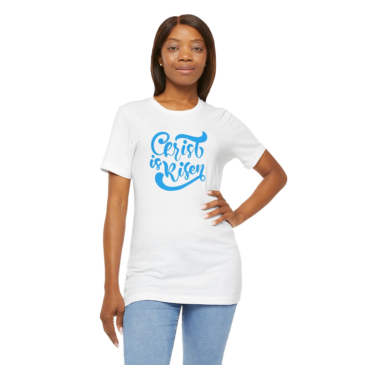 Christ is Risen Blue Print Unisex Jersey Short Sleeve Tee