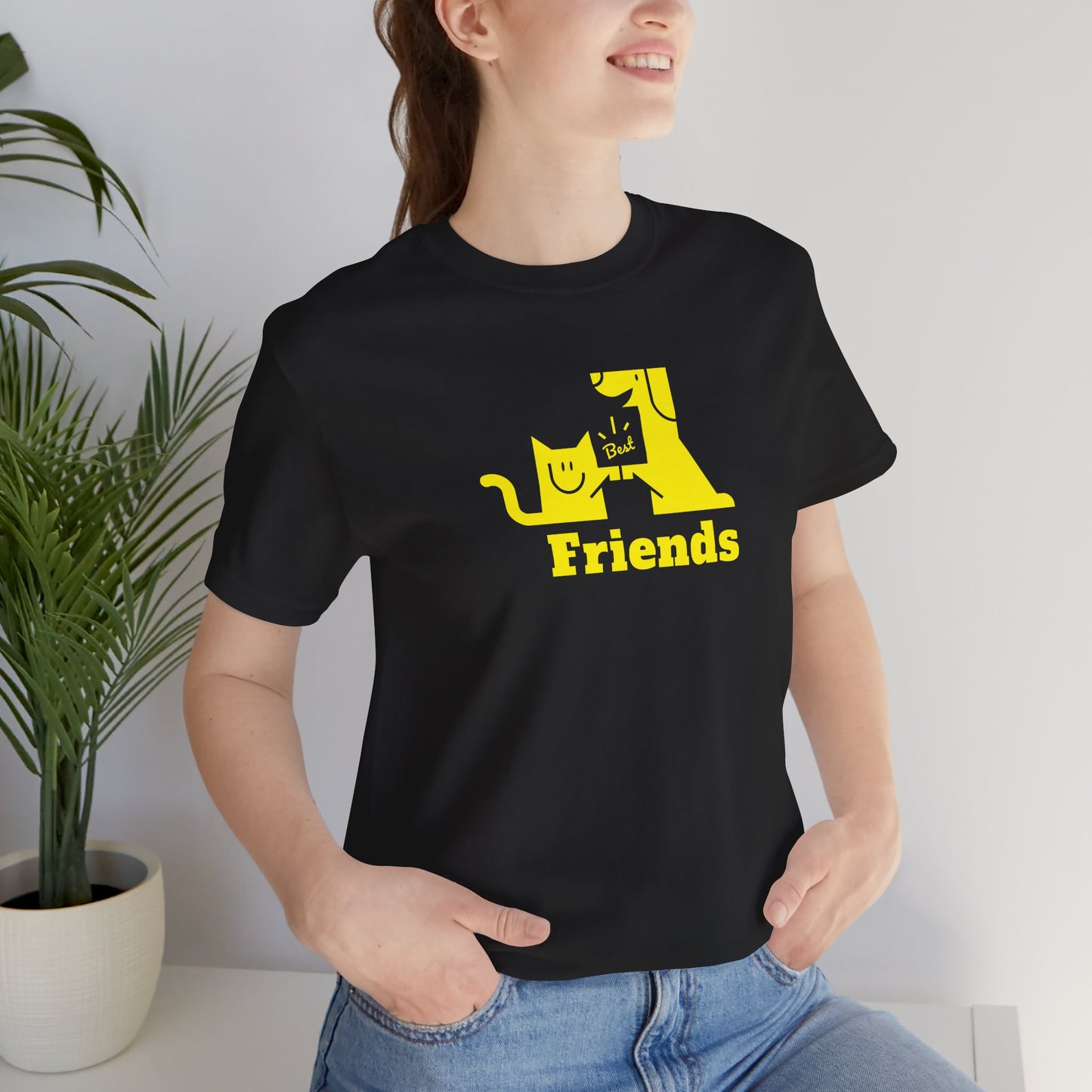 Cat & Dog Hi-5 Each Other Best Friends Yellow Print Unisex Jersey Short Sleeve Tee
