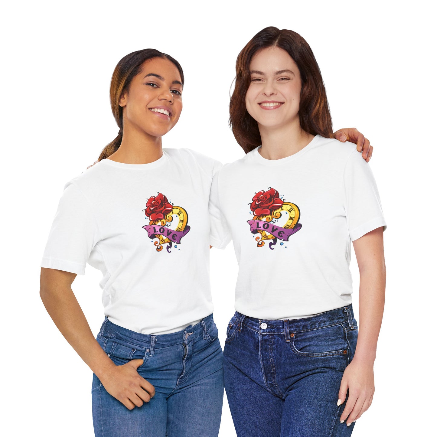 Timeless Love Heart-Shaped Clock with Love Scroll & Rose Unisex Jersey Short Sleeve Tee