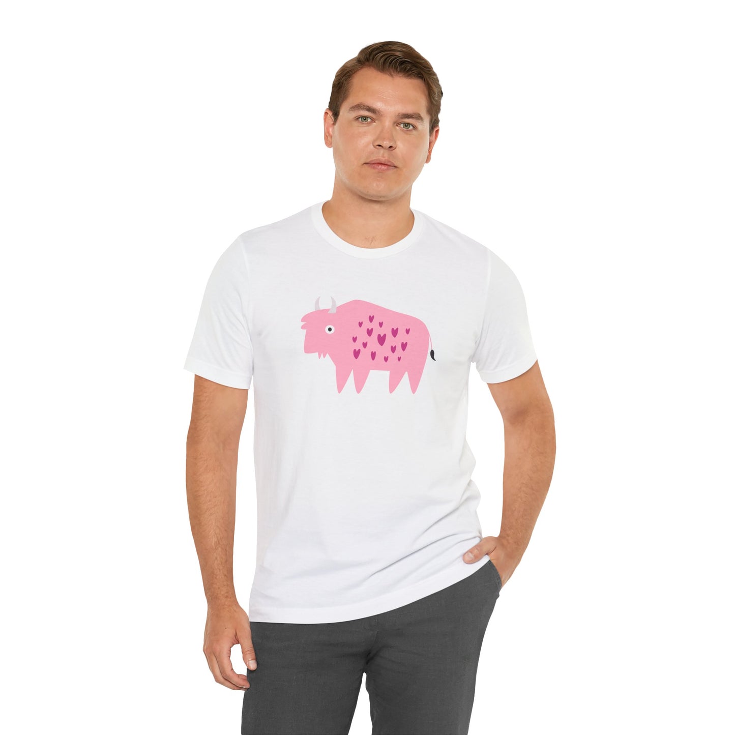 Adorably Quirky Pink Bison With Hearts Unisex Jersey Short Sleeve Tee