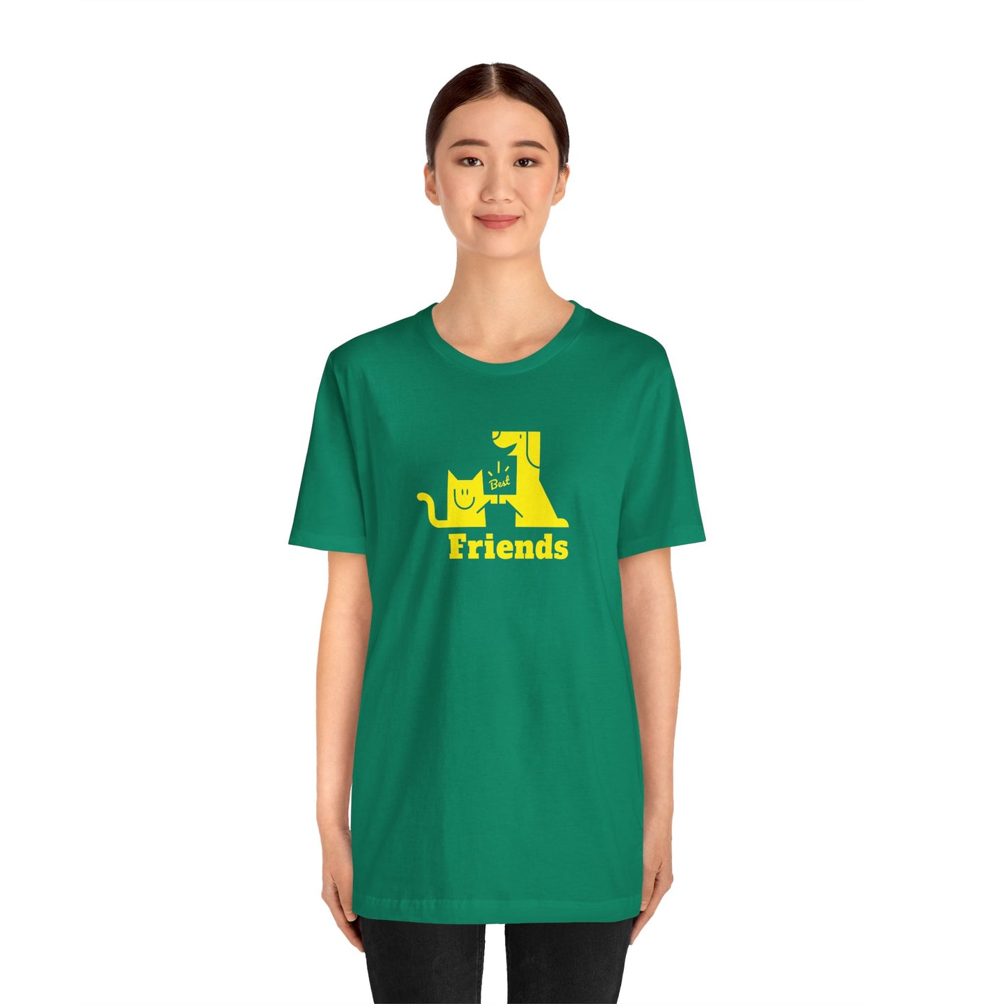 Cat & Dog Hi-5 Each Other Best Friends Yellow Print Unisex Jersey Short Sleeve Tee