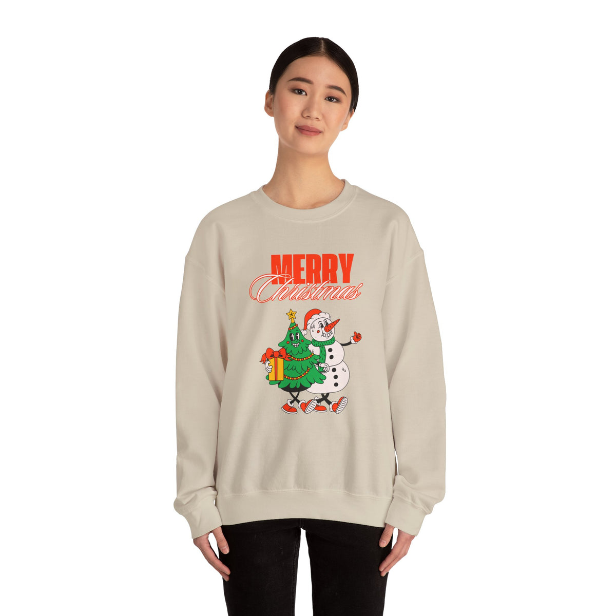Unisex Heavy Blend Crewneck Sweatshirt Merry Christmas with Snowman & Tree πβοΈβ¨
