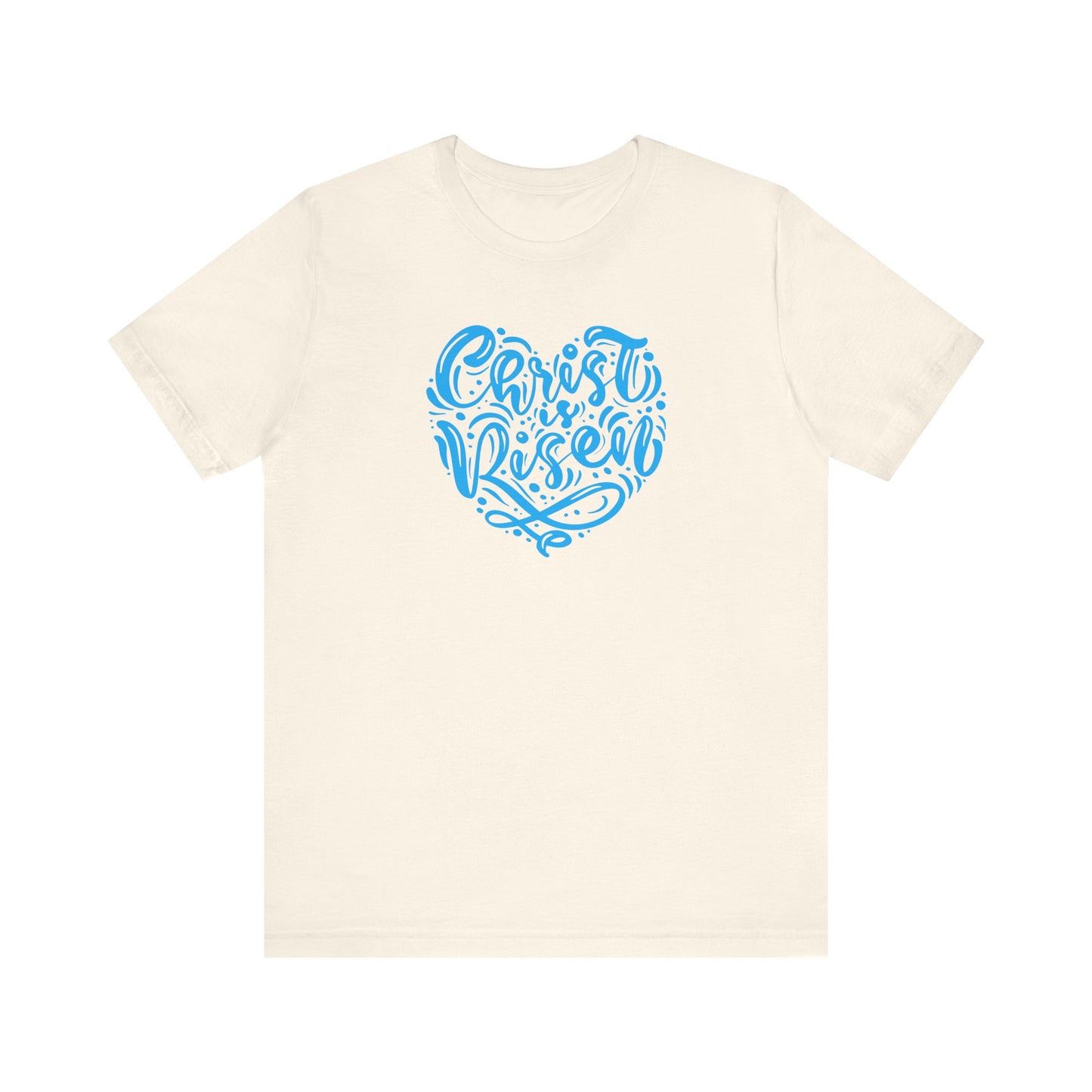 Unisex Jersey Short Sleeve Tee Easter 'Christ is Risen' Heart Shaped Blue Print