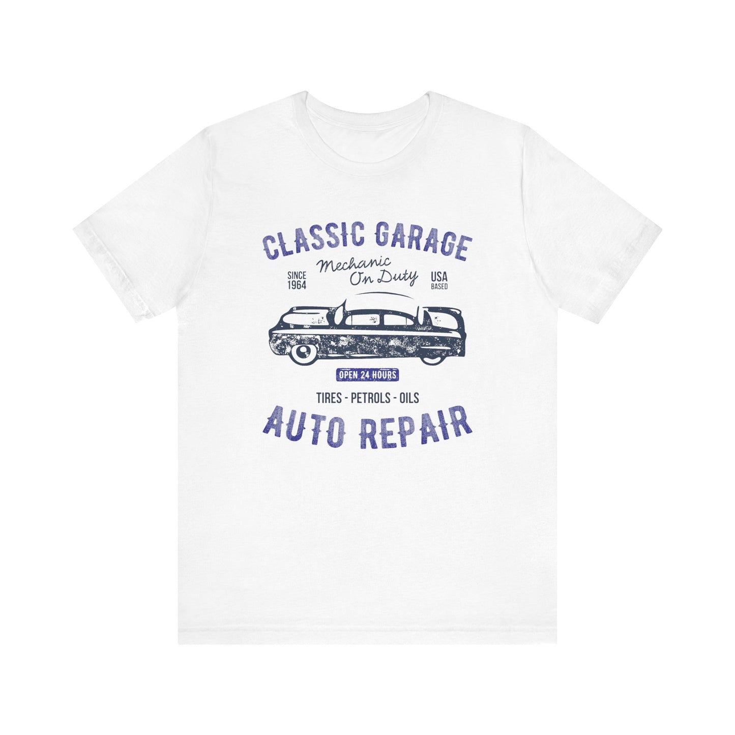 Unisex Jersey Short Sleeve Tee Classic Garage Auto Repair Navy Print