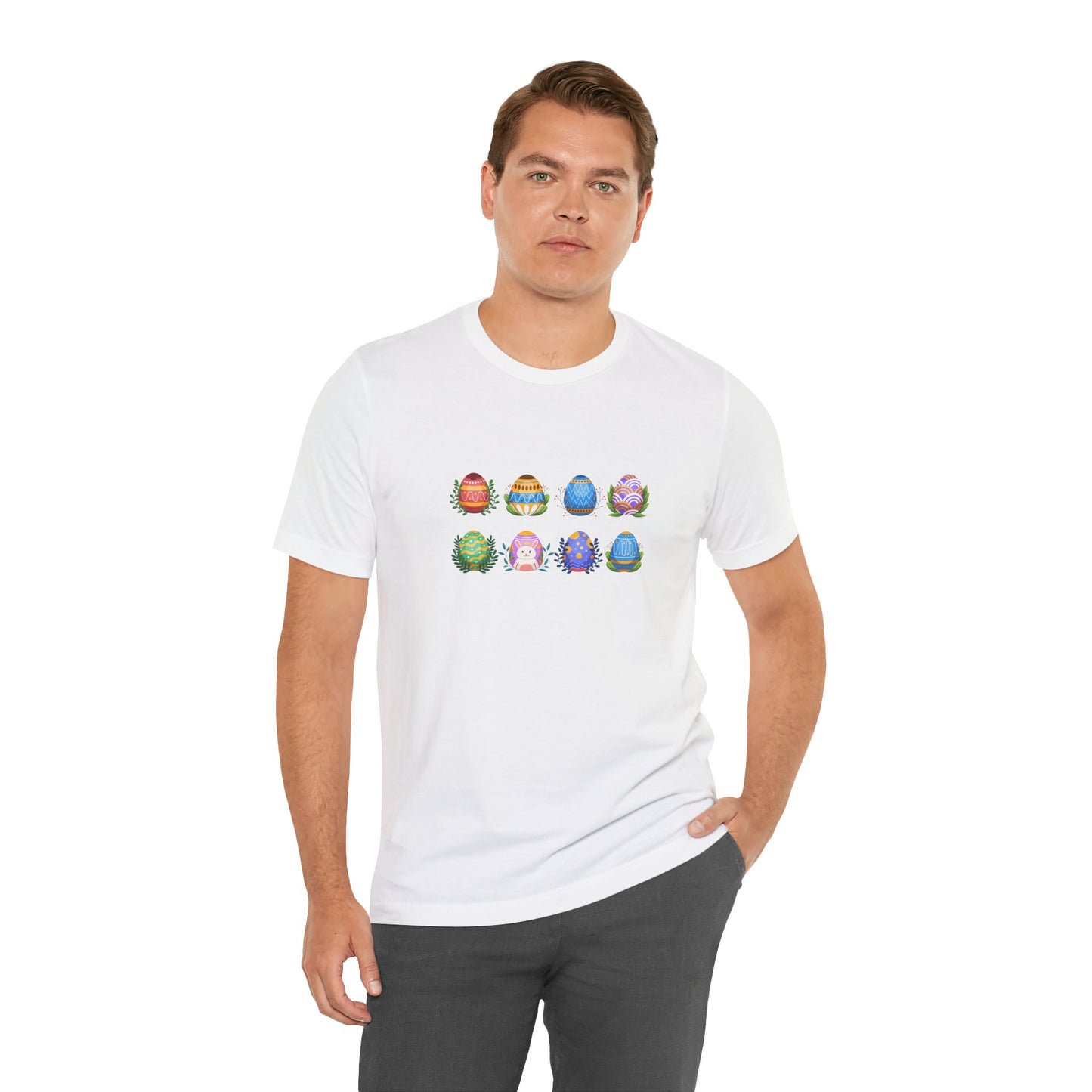 Egg-citing Wreaths Colorful Easter Egg Rows & Spring Leaves Unisex Jersey Short Sleeve Tee