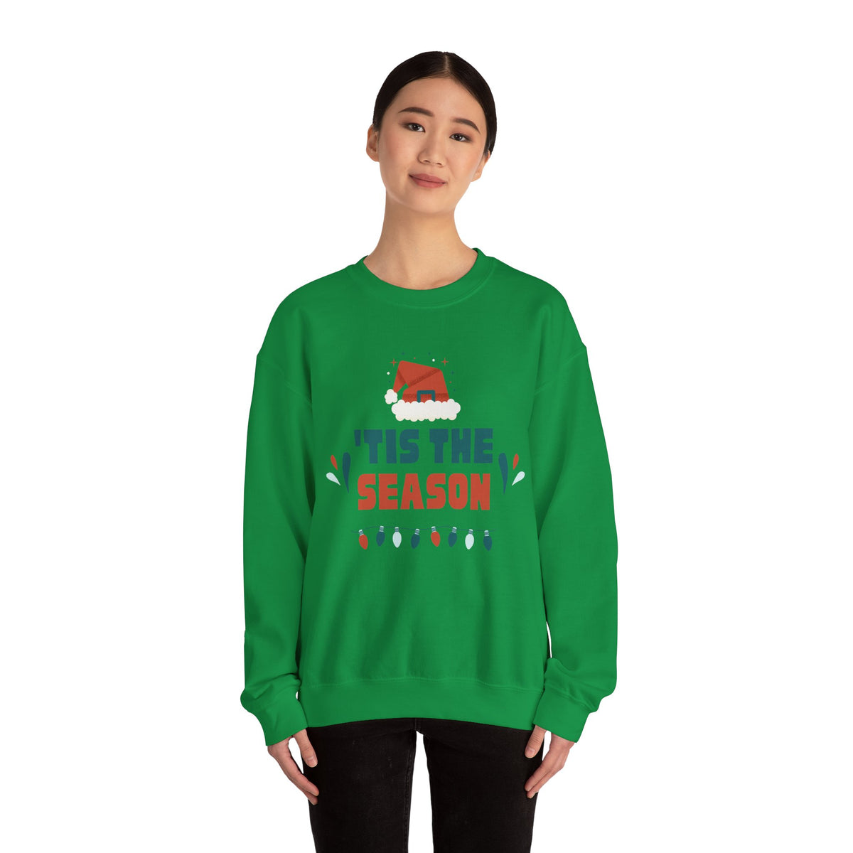 Unisex Heavy Blend Crewneck Sweatshirt 'Tis The Season To Be Jolly with Santa Hat & Lights 🎄✨