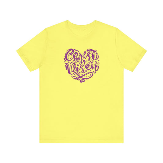 Unisex Jersey Short Sleeve Tee Easter 'Christ is Risen' Heart Shaped Purple Print