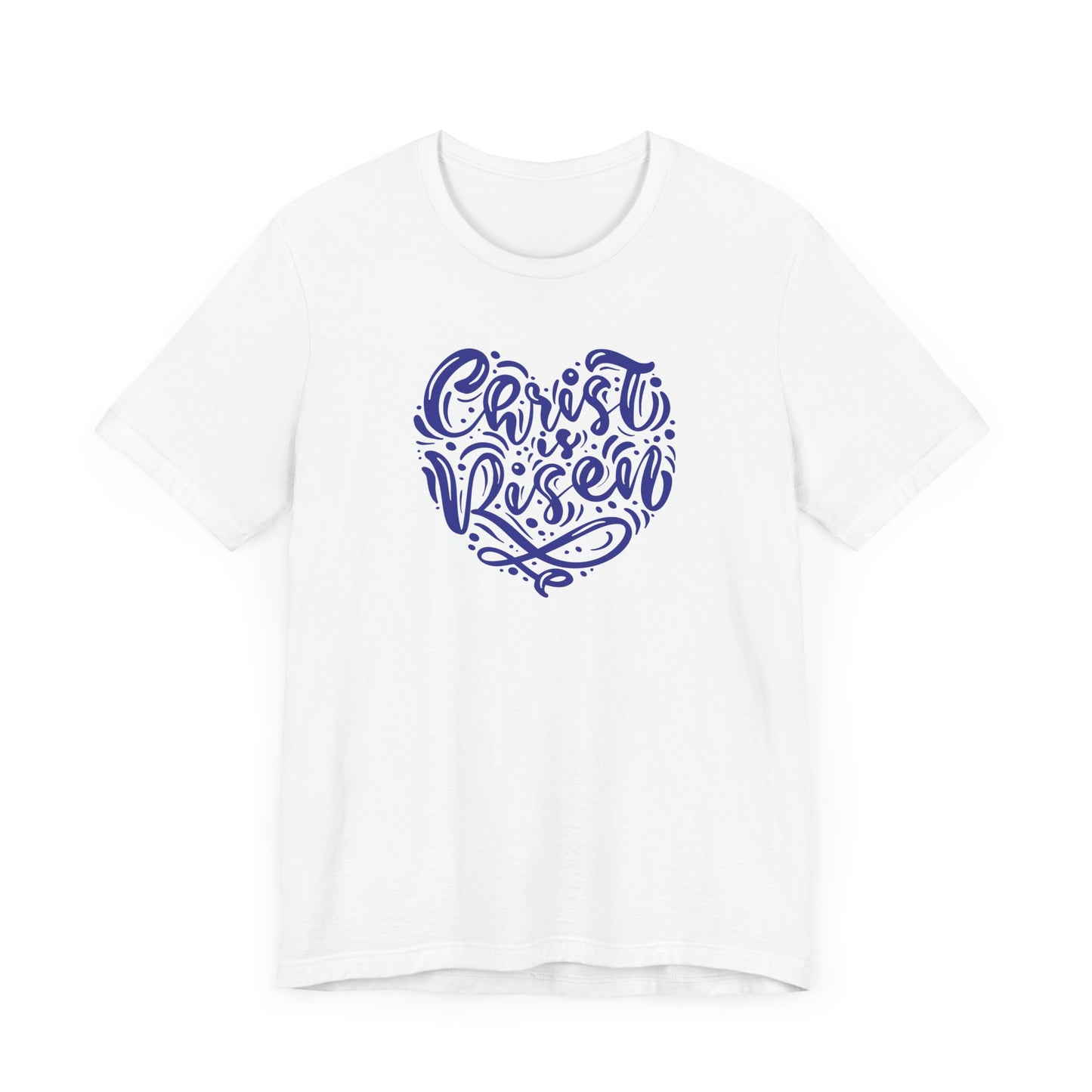 Unisex Jersey Short Sleeve Tee Easter 'Christ is Risen' Heart Shaped Navy Print