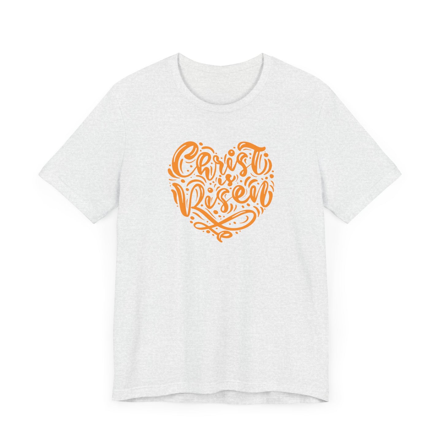 Unisex Jersey Short Sleeve Tee Easter 'Christ is Risen' Heart Shaped Orange Print