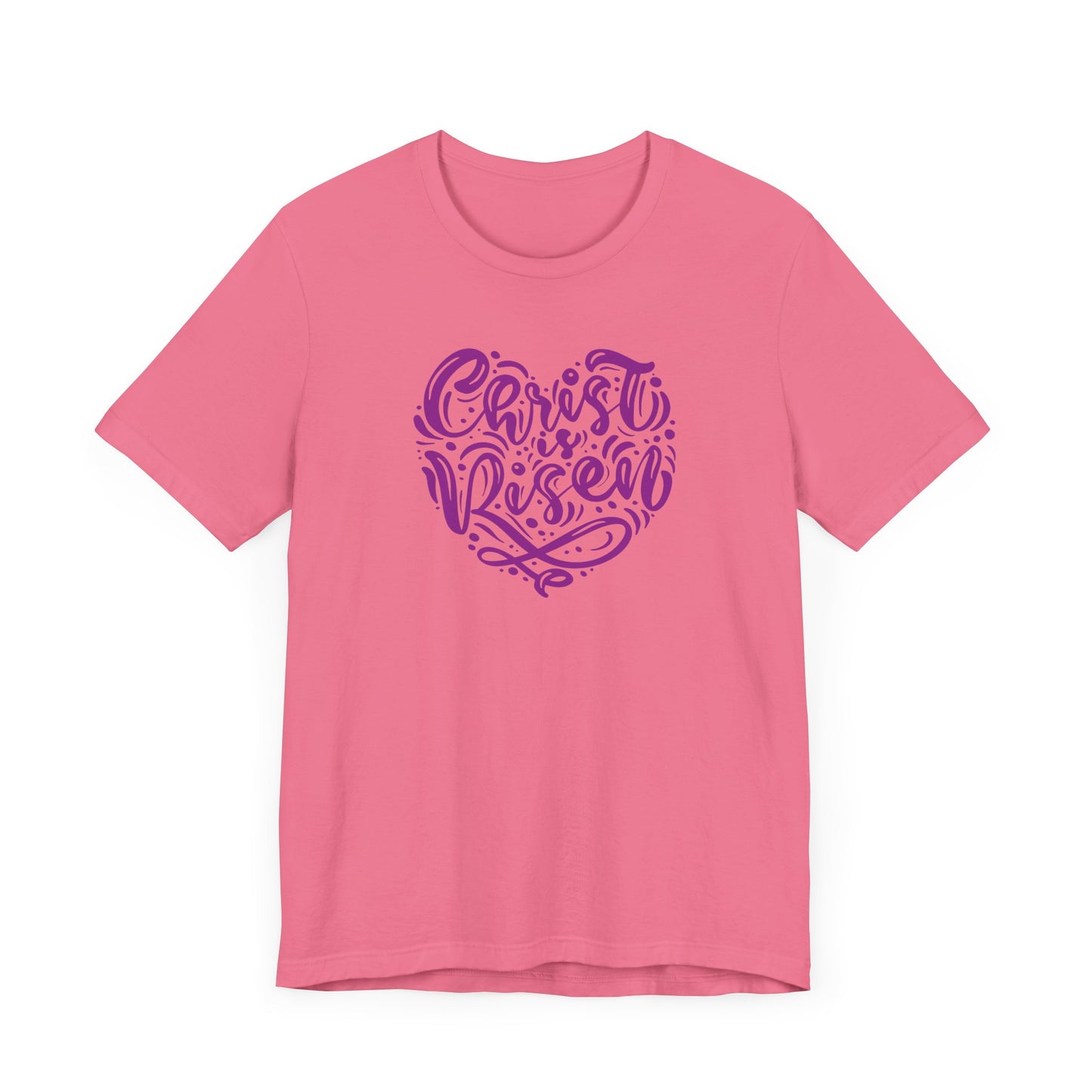 Unisex Jersey Short Sleeve Tee Easter 'Christ is Risen' Heart Shaped Purple Print