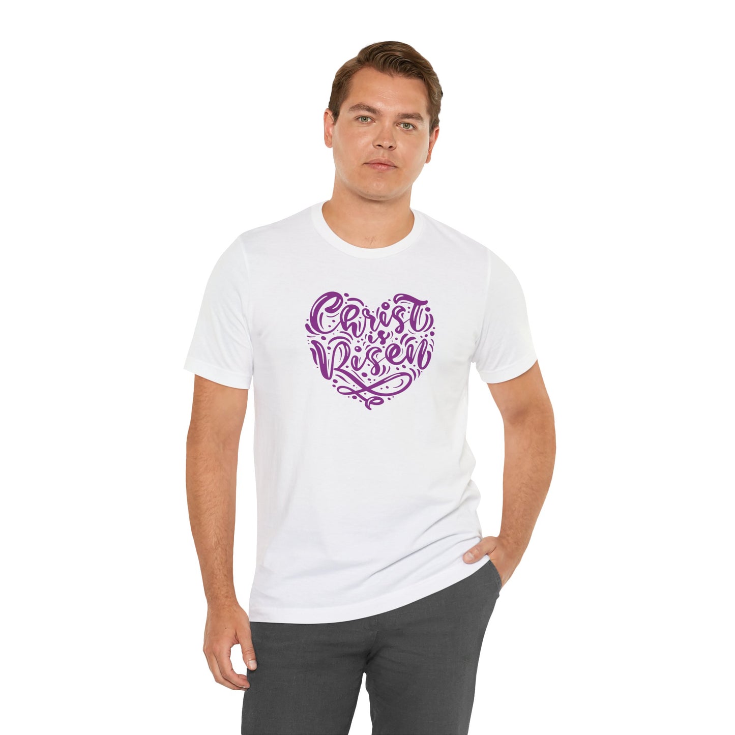 Christ is Risen Heart Shaped Purple Print Unisex Jersey Short Sleeve Tee