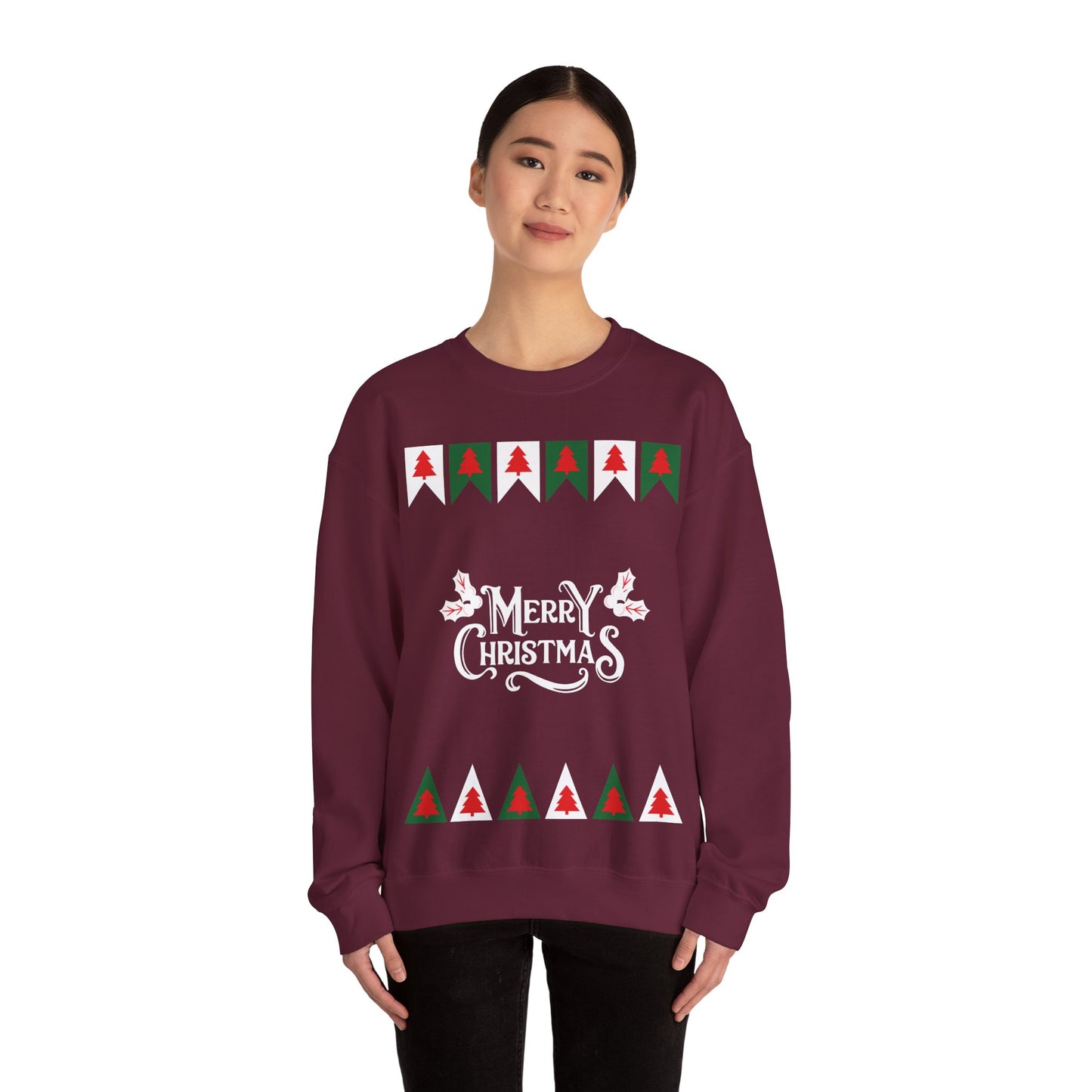 Unisex Heavy Blend Crewneck Sweatshirt Merry Christmas with Tree Border 🎄✨