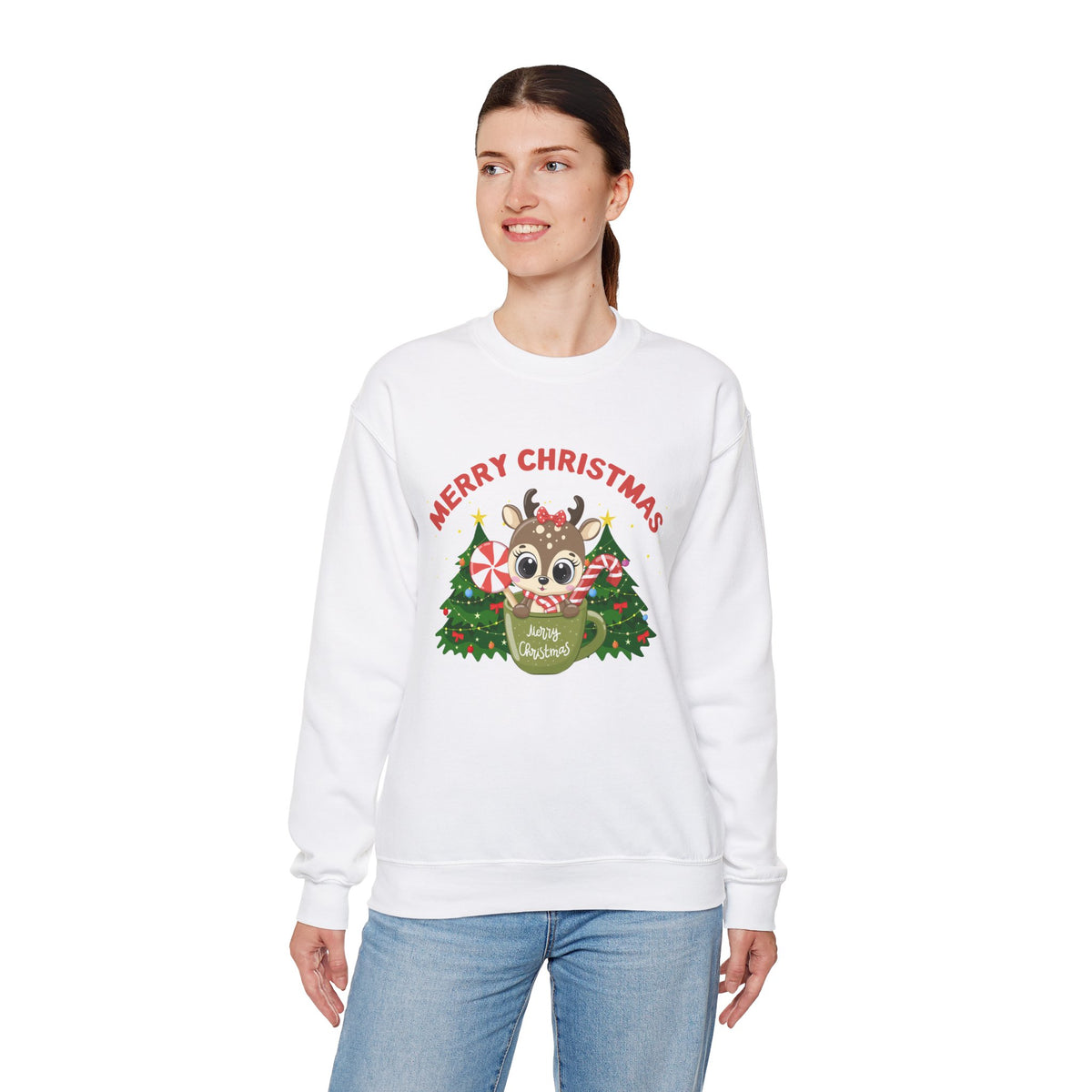 Unisex Heavy Blend Crewneck Sweatshirt Baby Deer in a Mug Merry Christmas 🎄☕🍭
