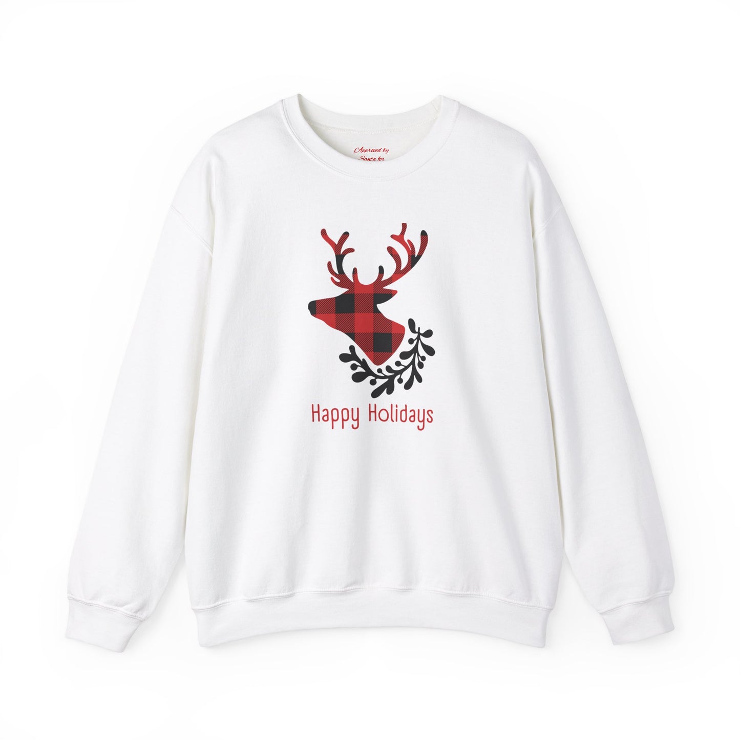 Unisex Heavy Blend Crewneck Sweatshirt Happy Holidays with Tartan Reindeer 🎄🦌✨