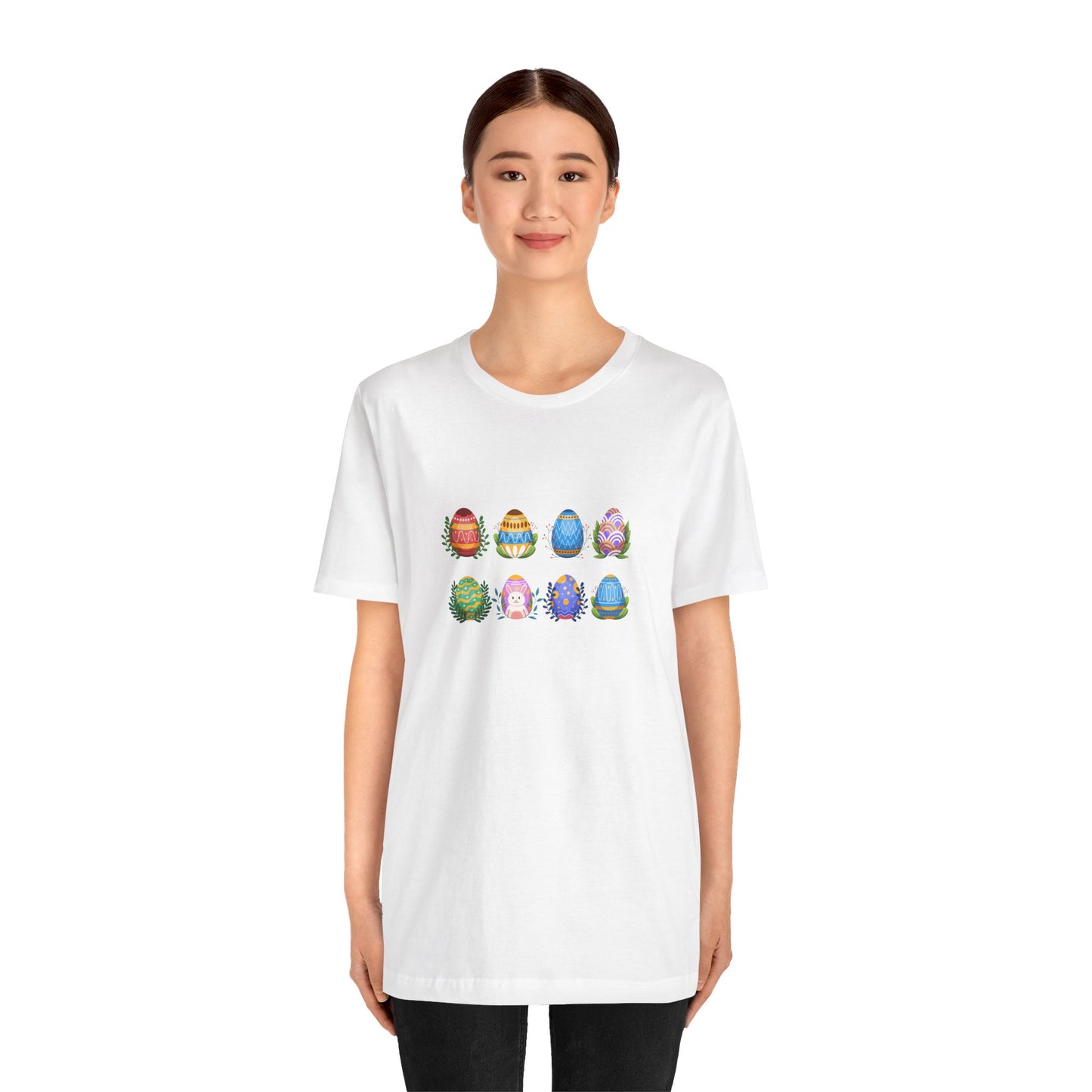Egg-citing Wreaths Colorful Easter Egg Rows & Spring Leaves Unisex Jersey Short Sleeve Tee