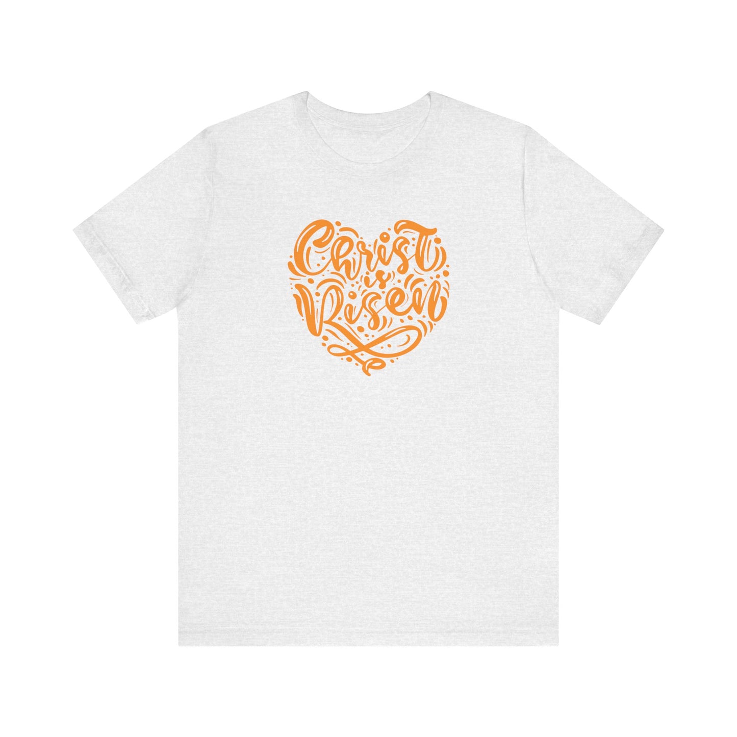 Unisex Jersey Short Sleeve Tee Easter 'Christ is Risen' Heart Shaped Orange Print