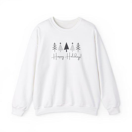 Unisex Heavy Blend Crewneck Sweatshirt Happy Holidays with Styled Christmas Trees 🎄✨