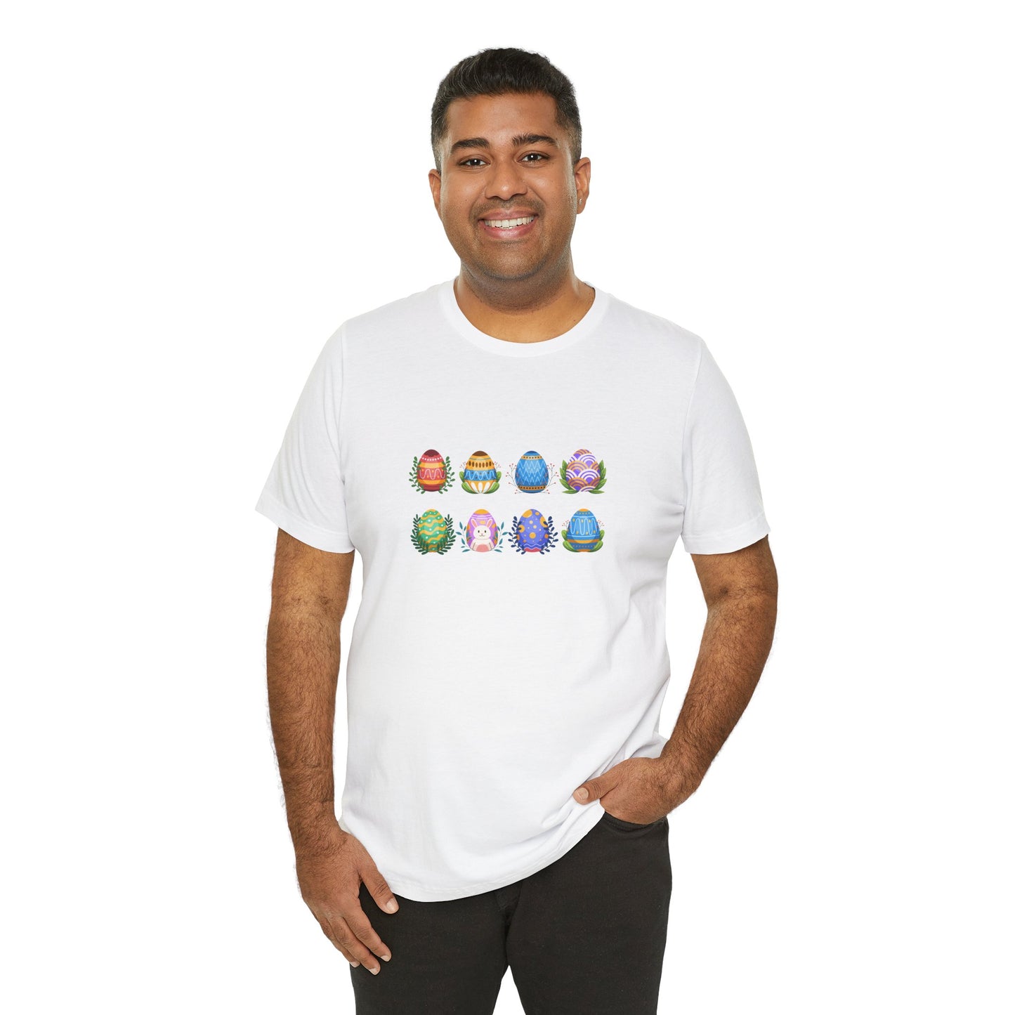 Egg-citing Wreaths Colorful Easter Egg Rows & Spring Leaves Unisex Jersey Short Sleeve Tee