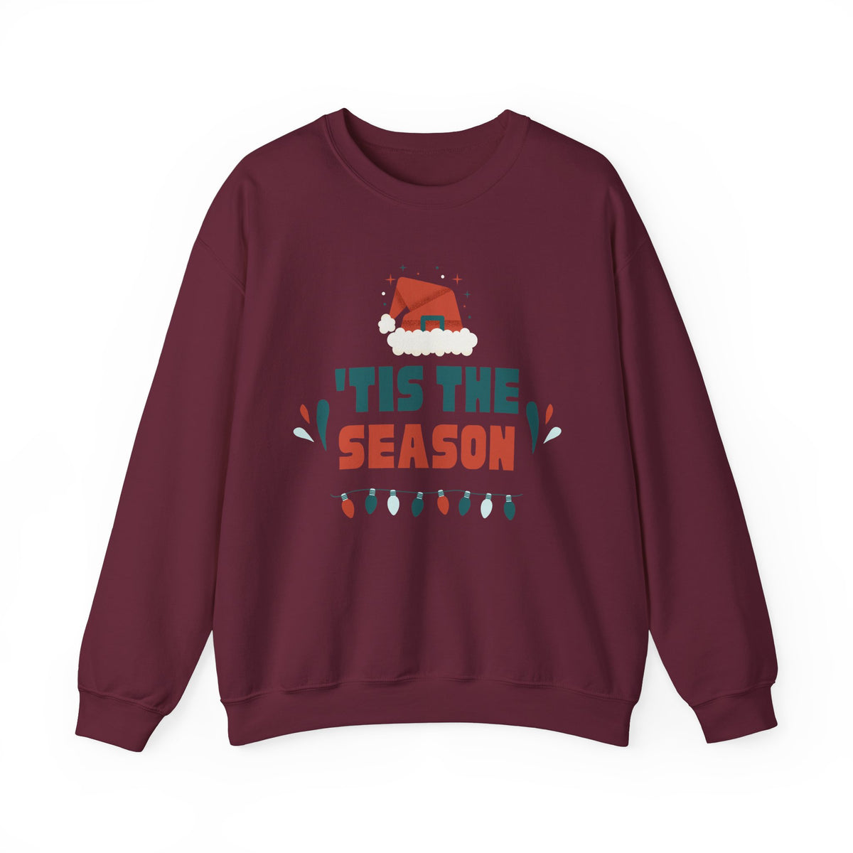 Unisex Heavy Blend Crewneck Sweatshirt 'Tis The Season To Be Jolly with Santa Hat & Lights 🎄✨
