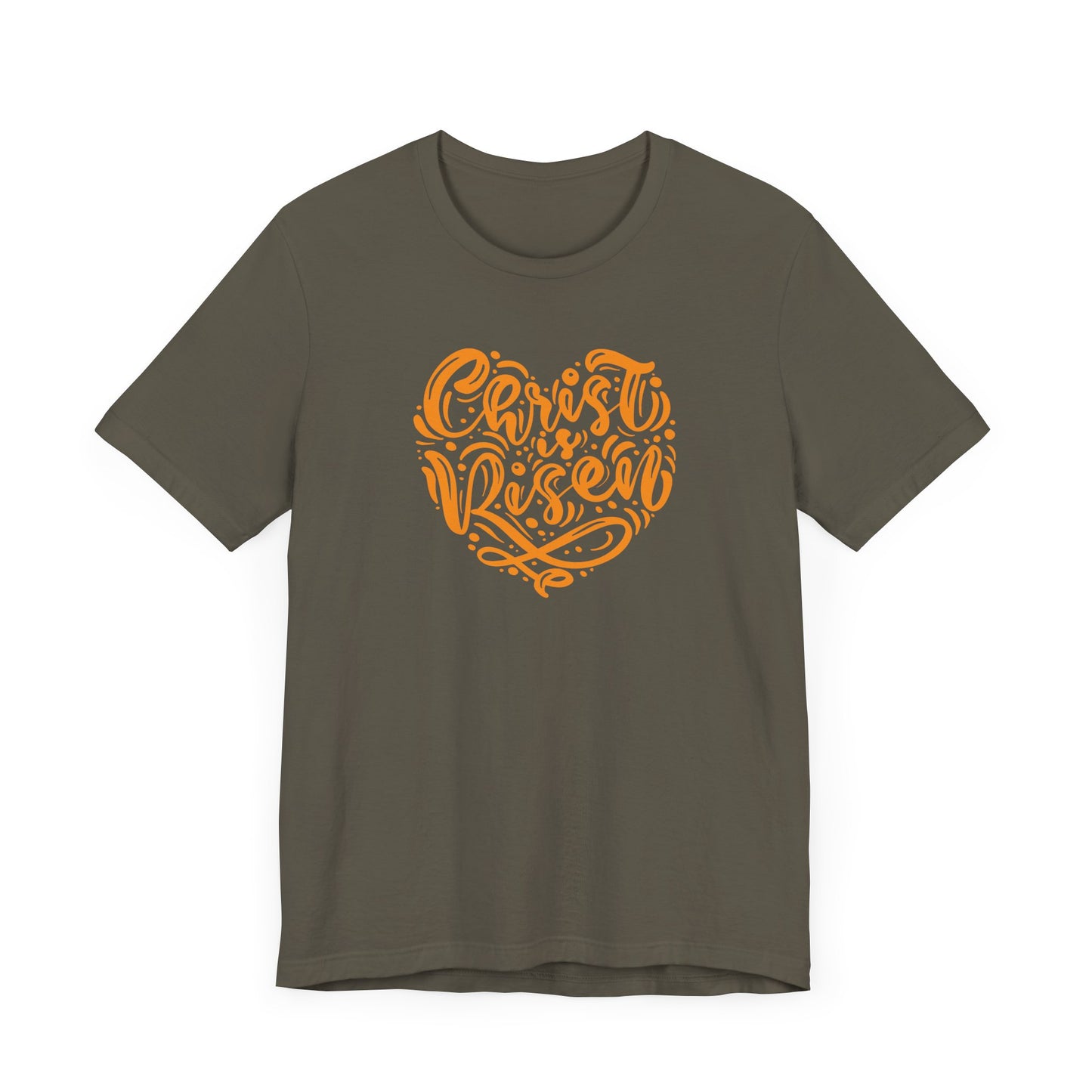 Unisex Jersey Short Sleeve Tee Easter 'Christ is Risen' Heart Shaped Orange Print