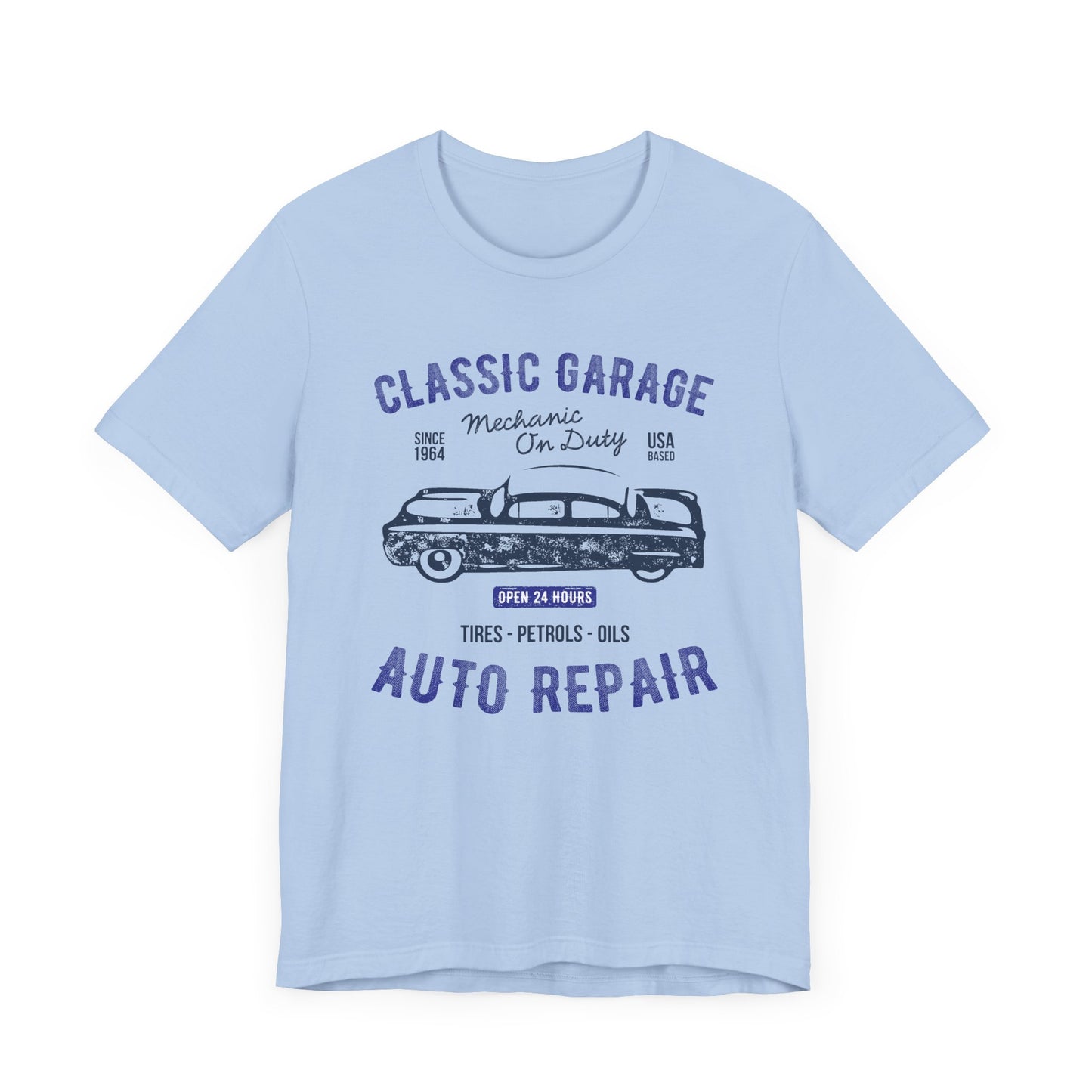 Unisex Jersey Short Sleeve Tee Classic Garage Auto Repair Navy Print