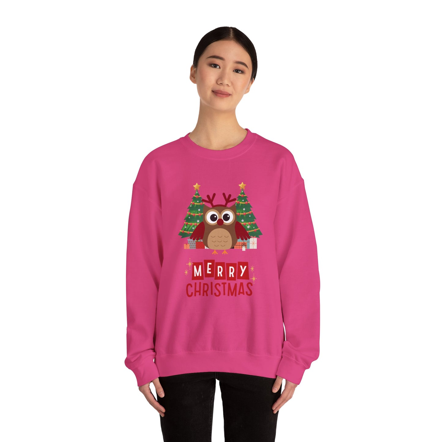 Unisex Heavy Blend Crewneck Sweatshirt Merry Christmas Owl with Antlers 🎄🦉✨