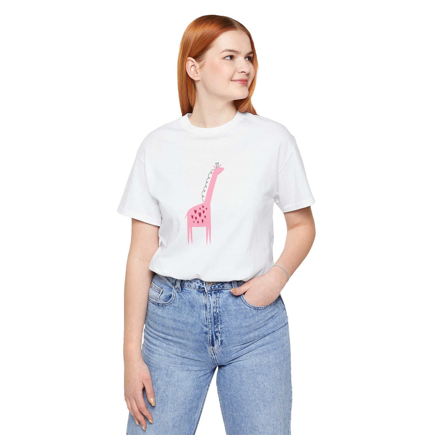 Adorable Pink Giraffe with Hearts Unisex Jersey Short Sleeve Tee